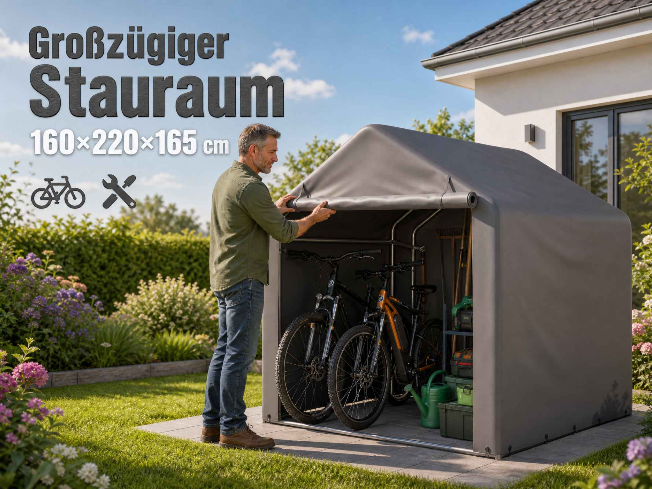 Ein Mann öffnet eine graue Fahrradgarage im Garten, in der Fahrräder und Werkzeuge stehen.