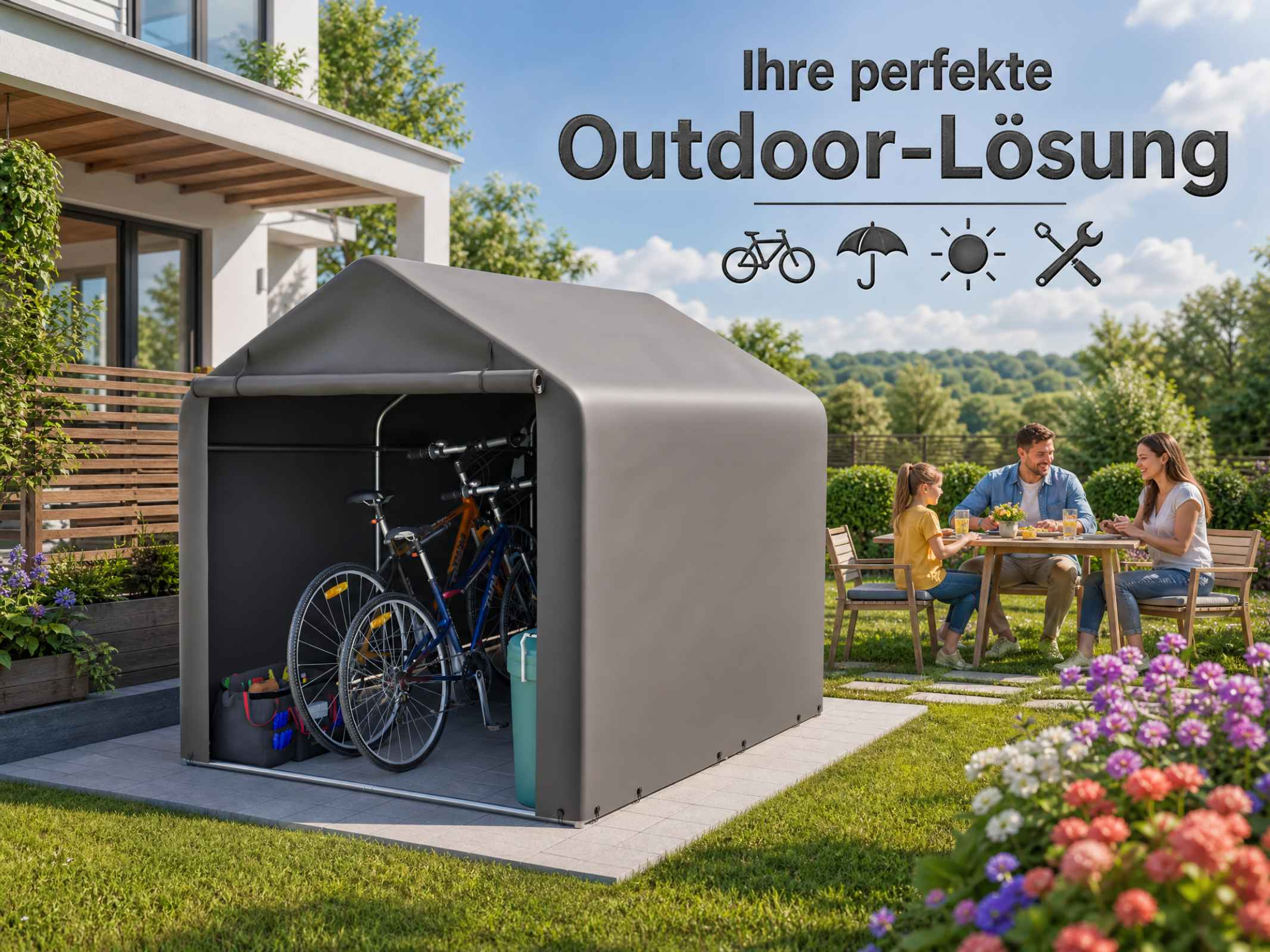 Ein grauer Zeltunterstand für Fahrräder im Garten, daneben sitzt eine Familie am Tisch.