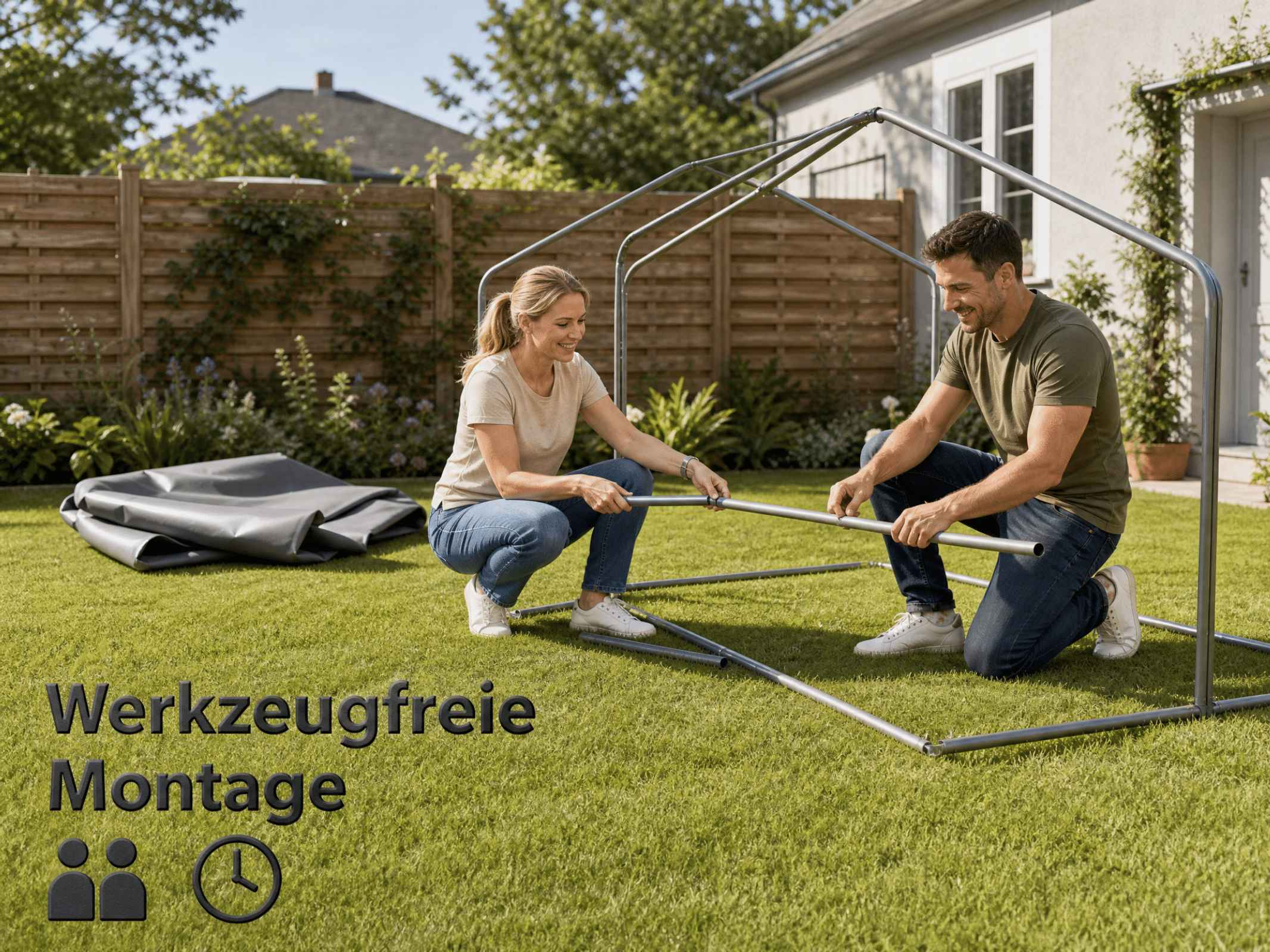 Ein Mann und eine Frau montieren einen Metallrahmen für einen Schuppen auf einem Rasen.