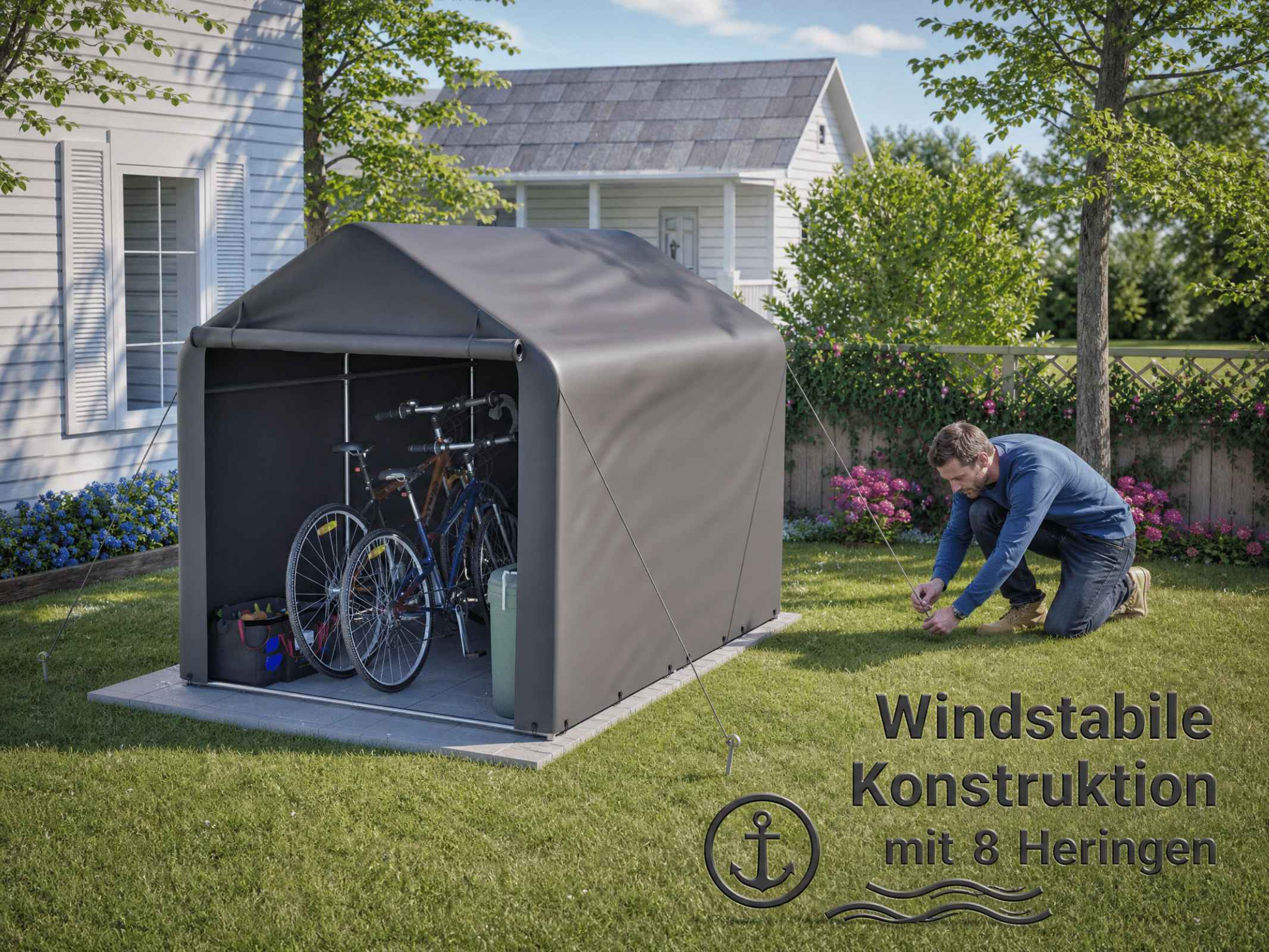 Ein Mann sichert ein graues Fahrradzelt im Garten mit Heringen. Im Zelt stehen Fahrräder.
