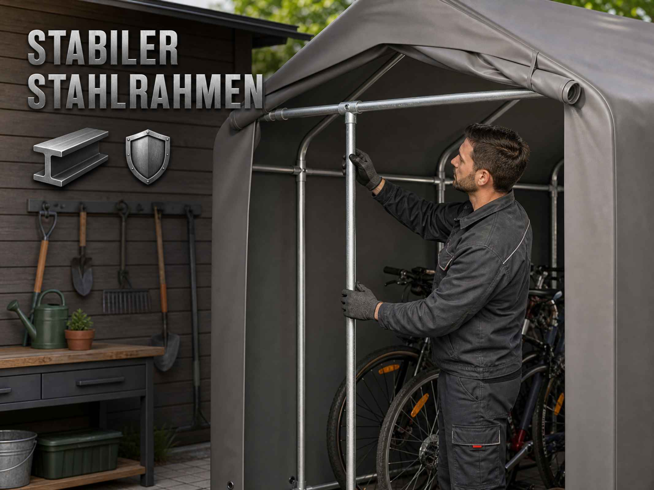 Ein Arbeiter baut einen stabilen Metallrahmen für ein graues Zelt auf, im Hintergrund hängen Werkzeuge.