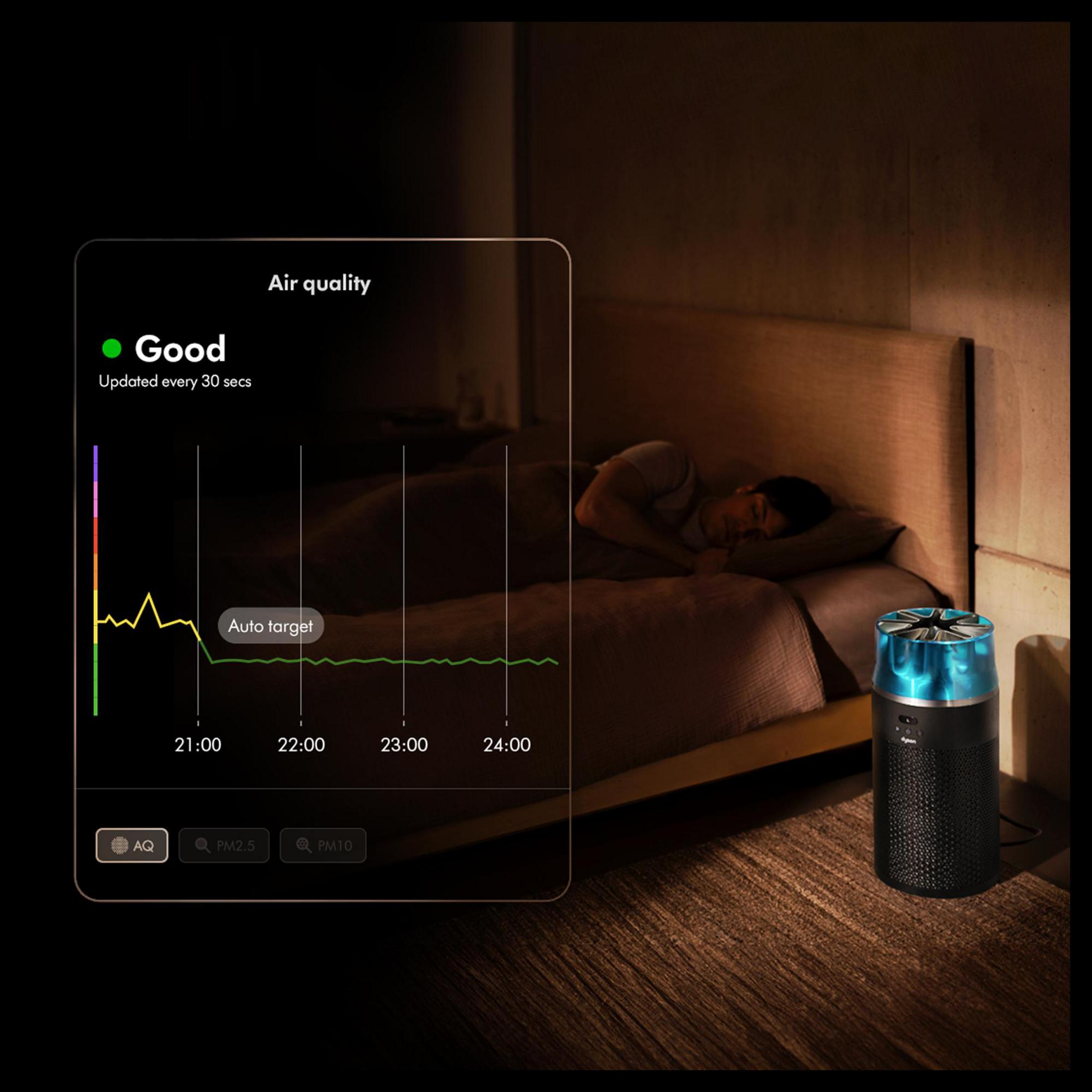 Un uomo dorme a letto vicino a un purificatore d'aria blu, con un grafico della qualità dell'aria.