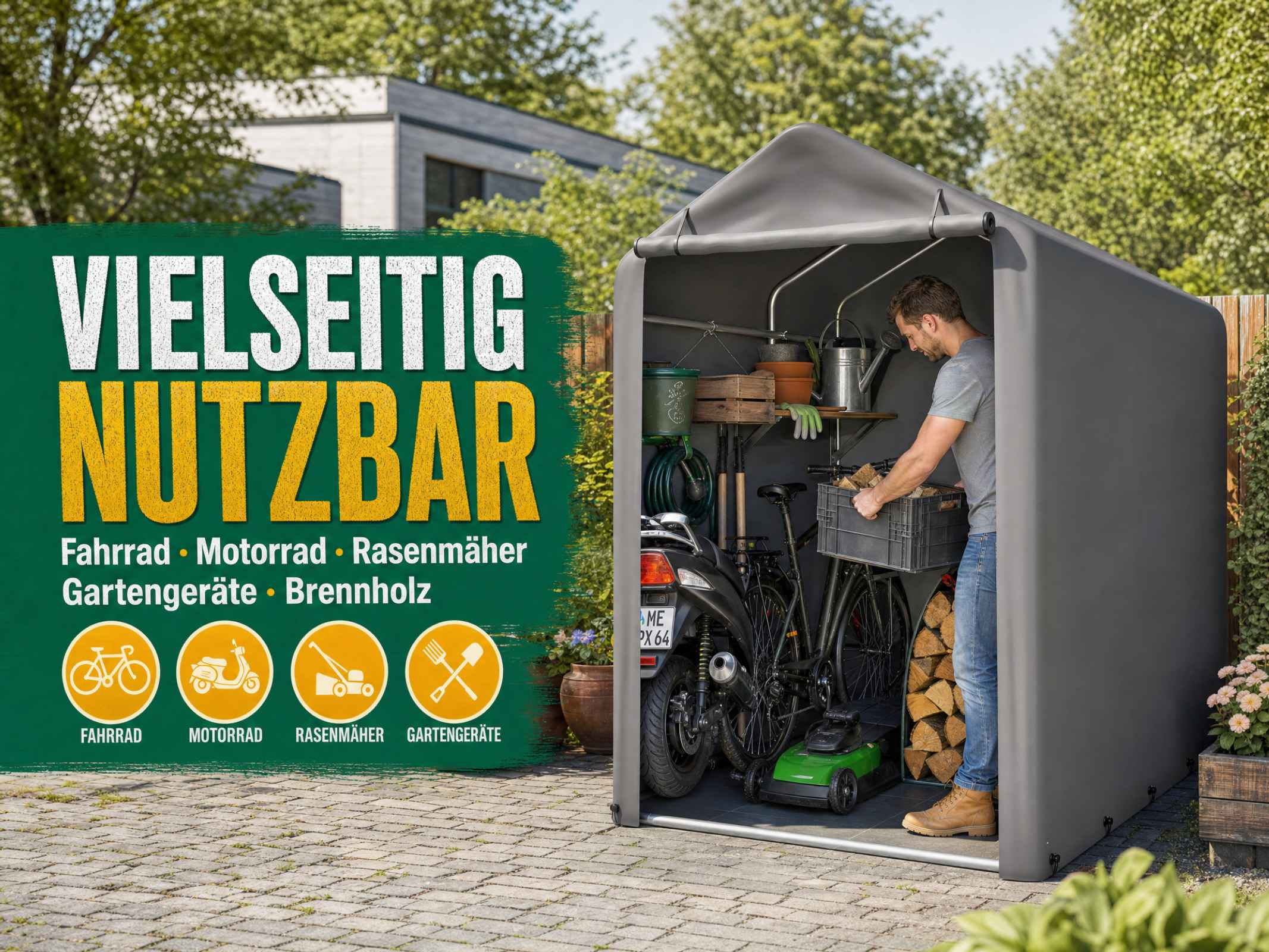 Ein Mann ordnet in einem grauen Gartenzelt Fahrräder, Rasenmäher und Brennholz. Links ein grünes Werbebanner.