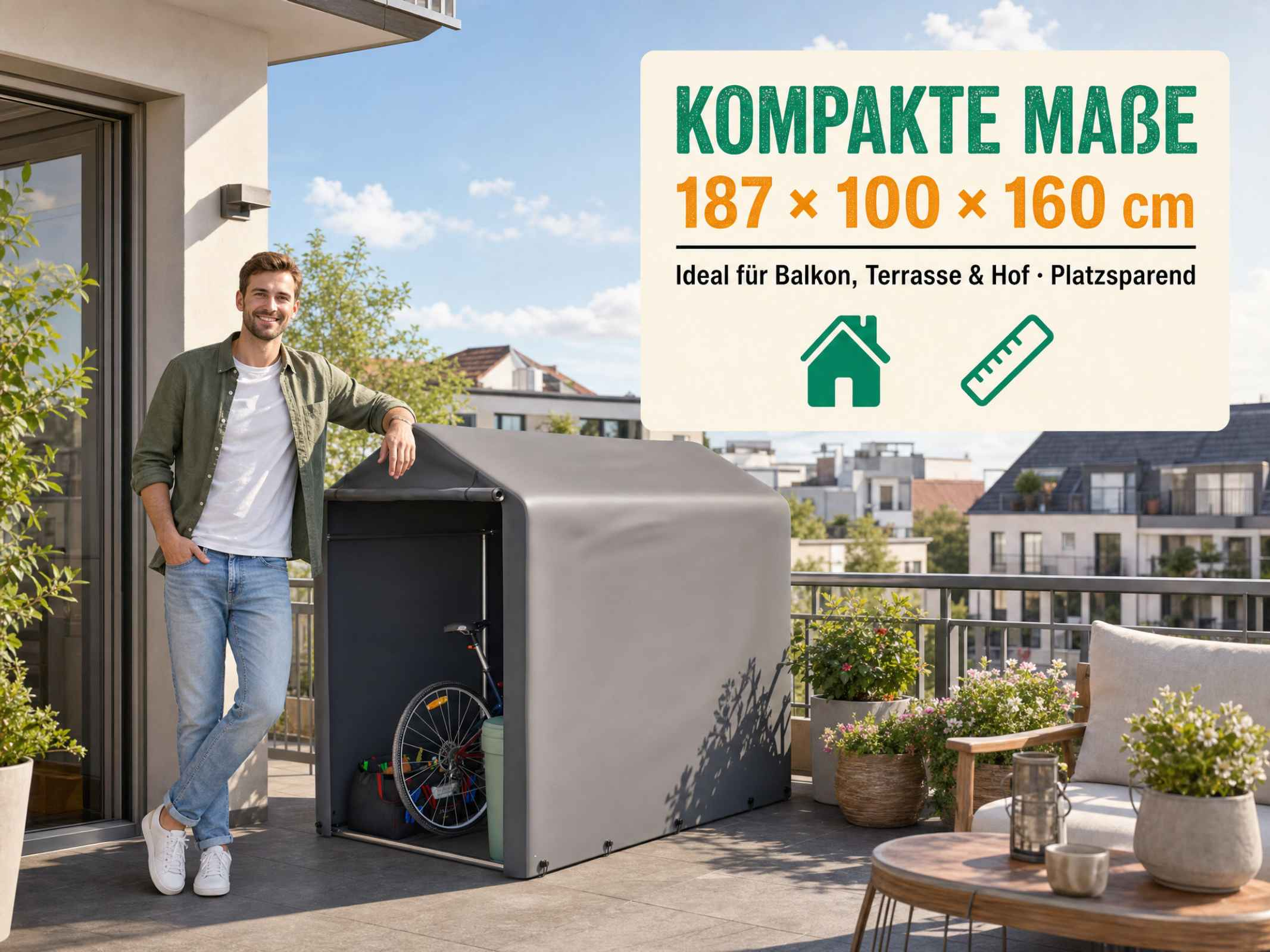 Ein Mann lehnt auf einem Balkon an einer grauen Fahrradgarage, mit Textfeld im Hintergrund.