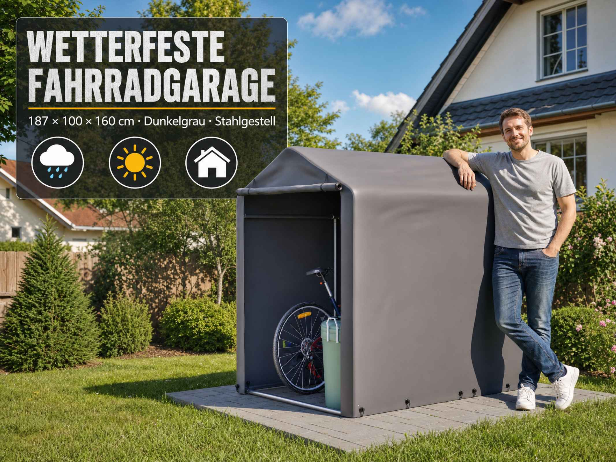 Ein Mann lehnt neben einer dunkleren Fahrradgarage im Garten auf Steinplatten vor einem Haus.