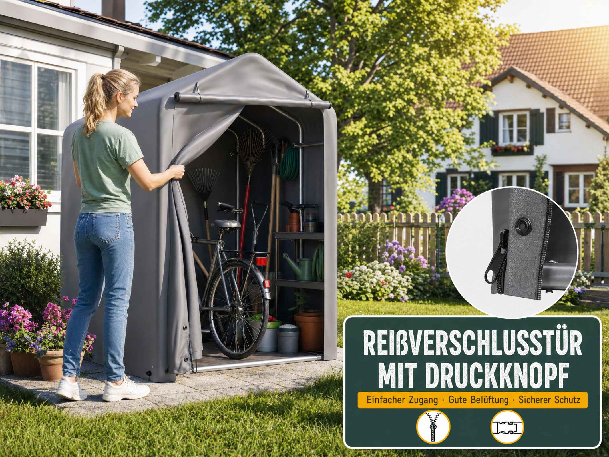 Eine Frau öffnet die graue Stoffgarage im Garten, in der ein Fahrrad und Gartengeräte lagern.