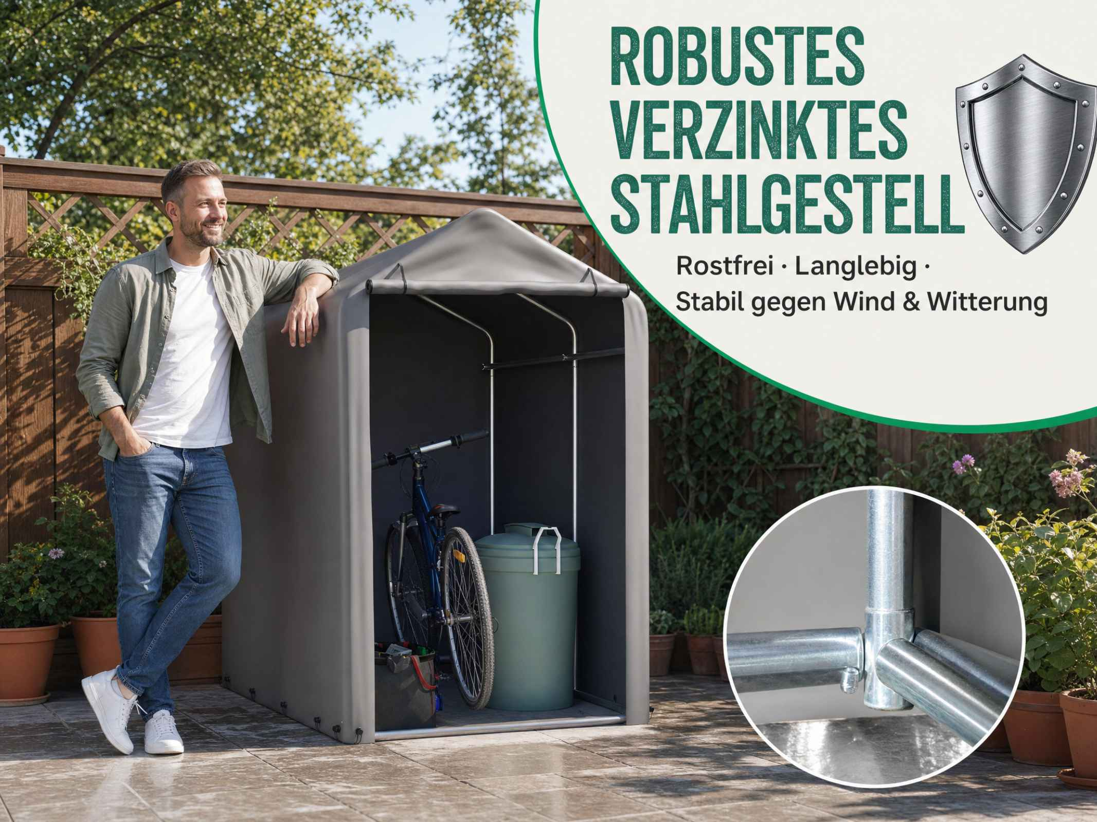Mann lehnt an grauem Geräteschuppen im Garten; darin stehen Fahrrad und Tonne.