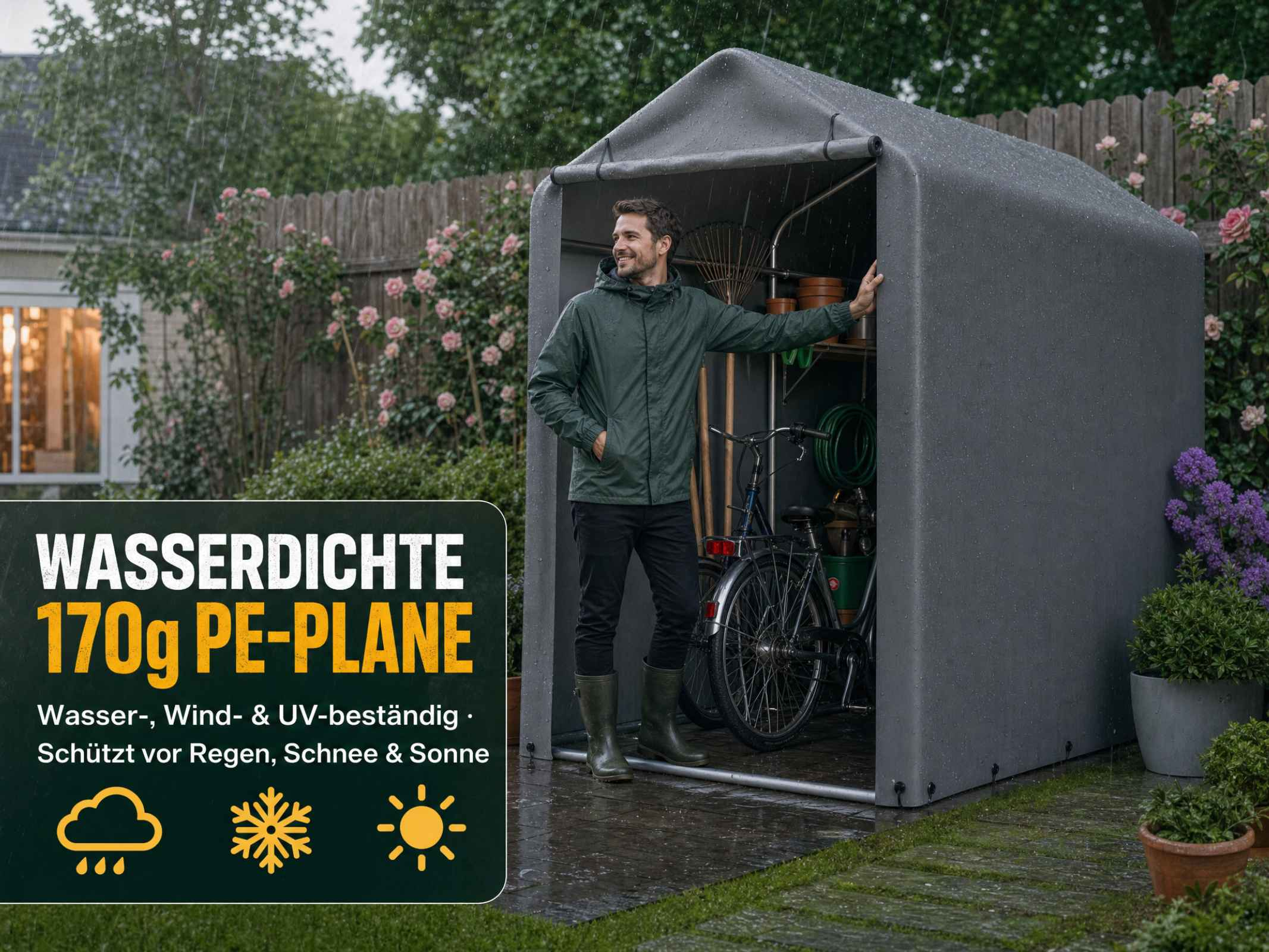Ein Mann im Regenmantel steht in einem grauen PE-Planen-Gerätezelt im Garten mit Fahrrad und Geräten.