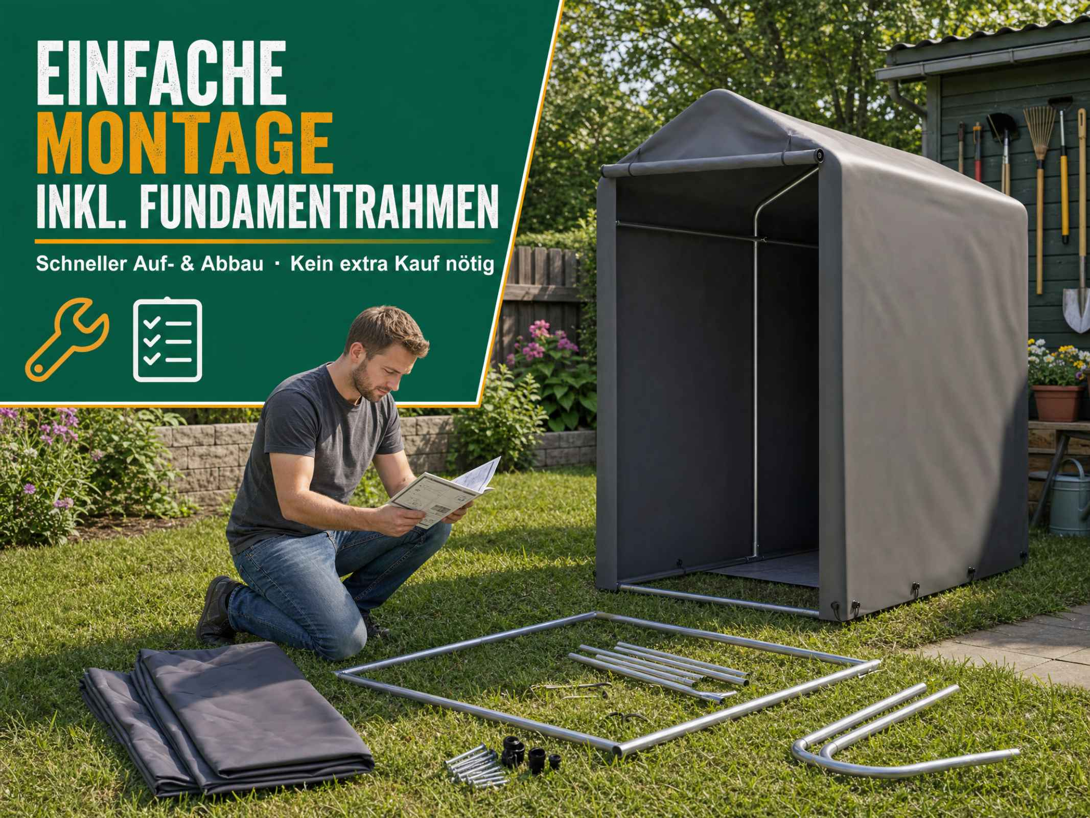 Ein Mann liest in einem Garten die Montageanleitung vor einem grauen Zelt und Metallteilen auf dem Rasen.