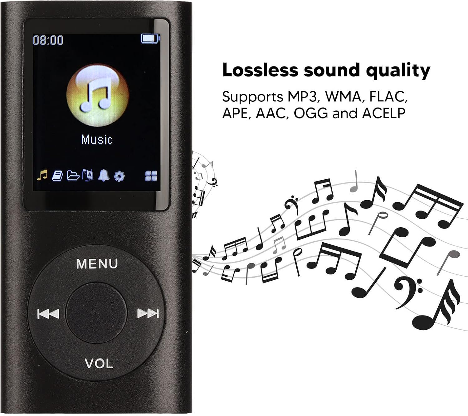 Schwarzer MP3-Player mit Farbdisplay, Menütasten und schwebenden Noten.