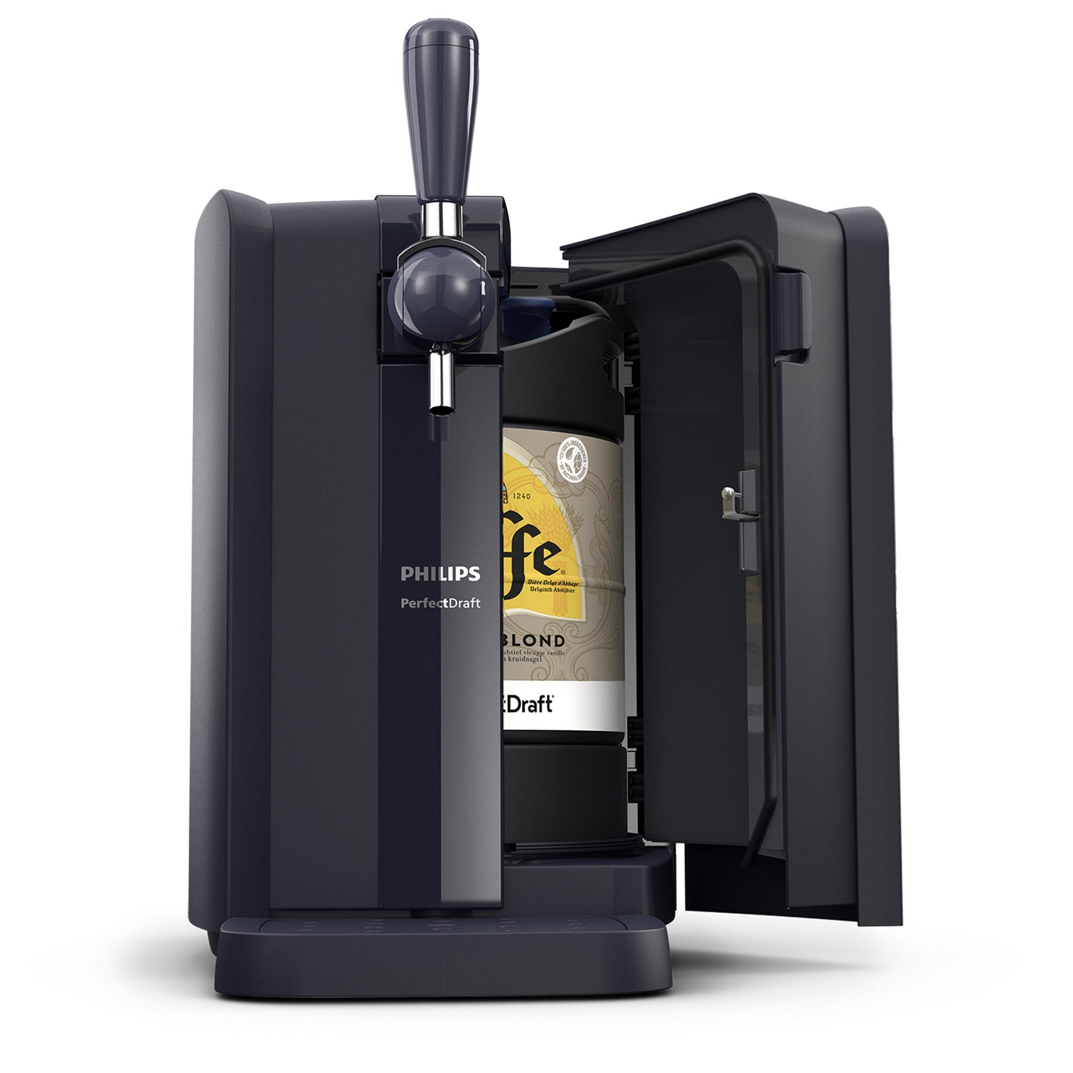 Eine schwarze Philips PerfectDraft Bierzapfanlage mit geöffneter Tür und sichtbarem Bierfass.