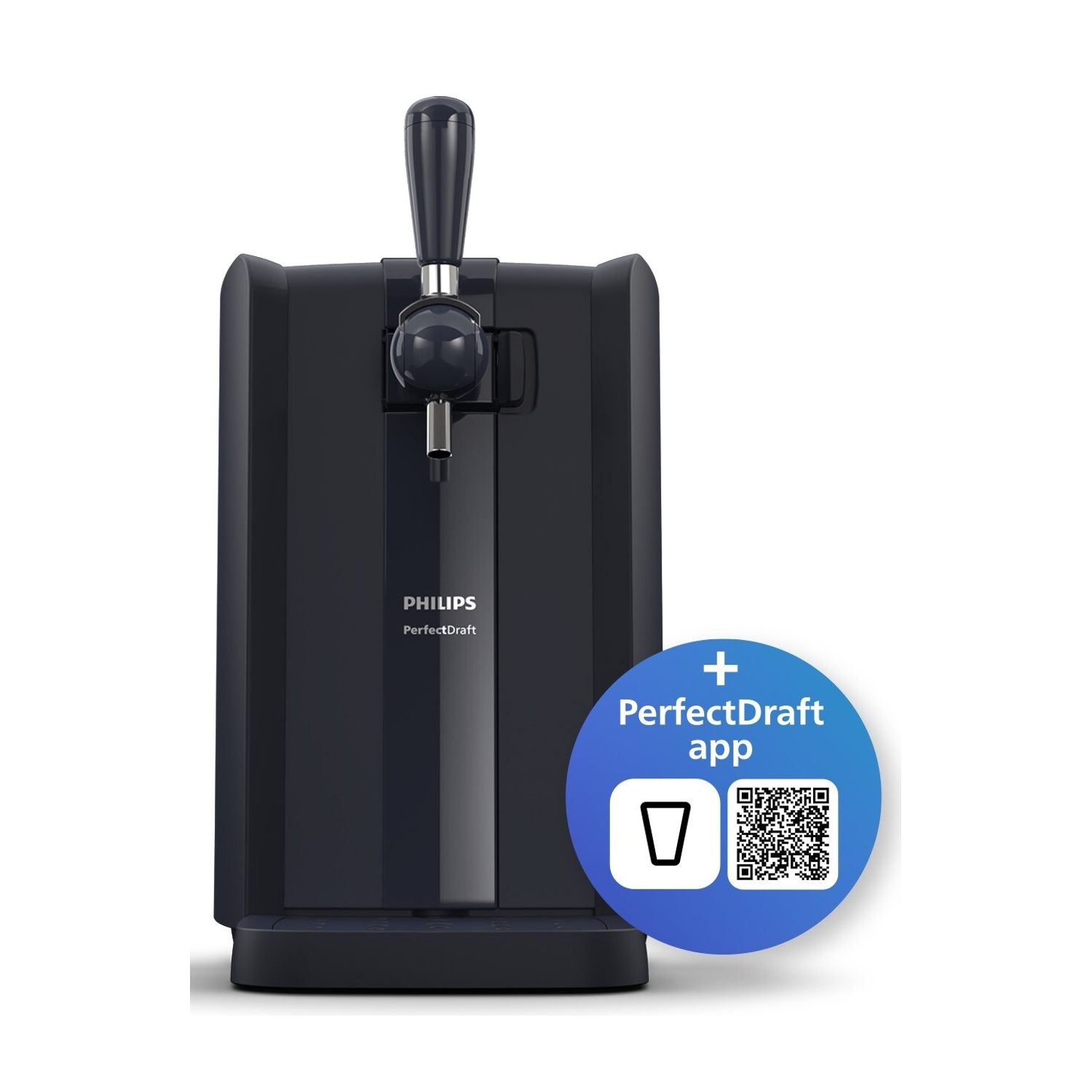 Ein schwarzer Philips PerfectDraft Bierzapfhahn mit Griff und ein App-QR-Code-Abzeichen im Vordergrund.