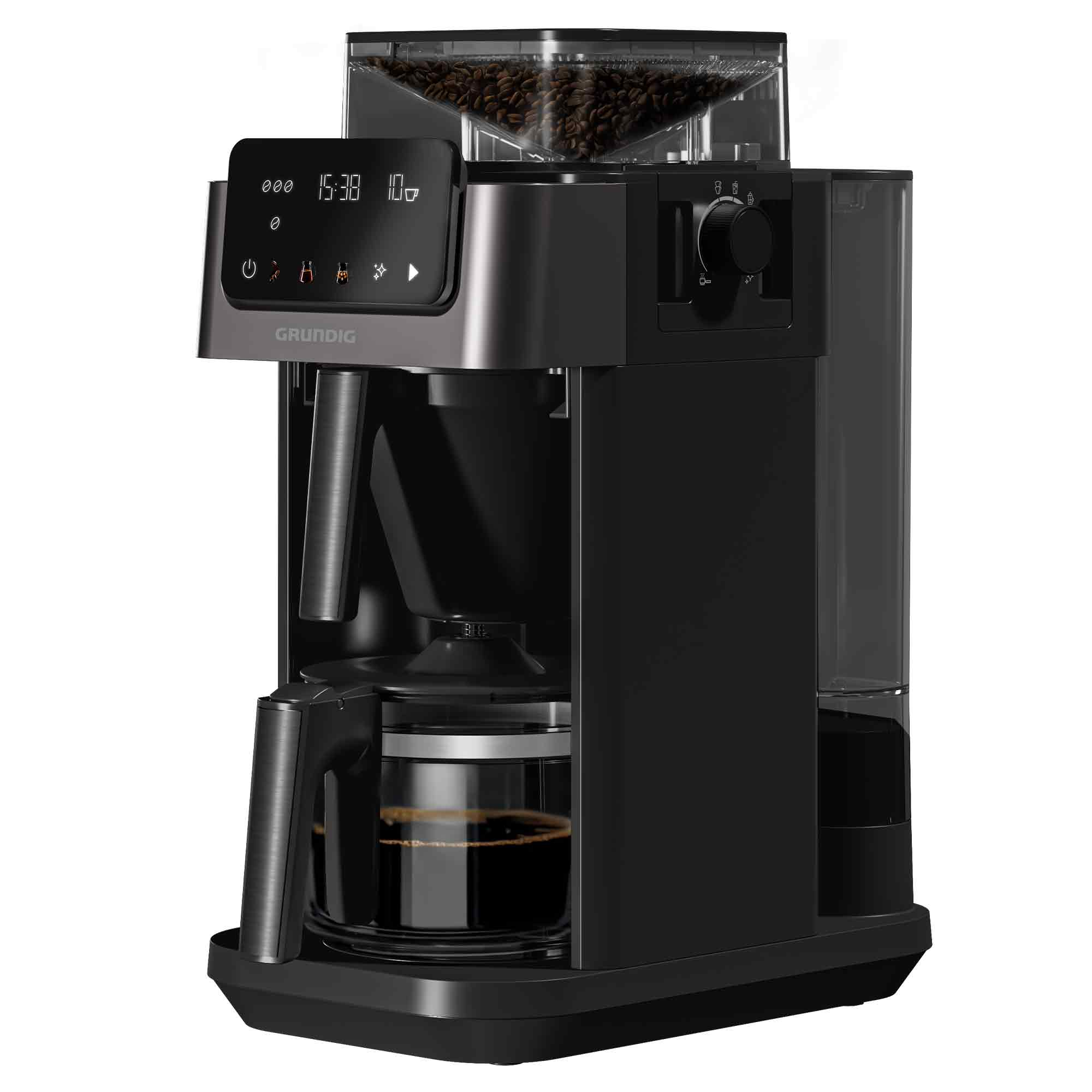 Moderne schwarze Filterkaffeemaschine mit Bohnenbehälter oben und digitalem Display.