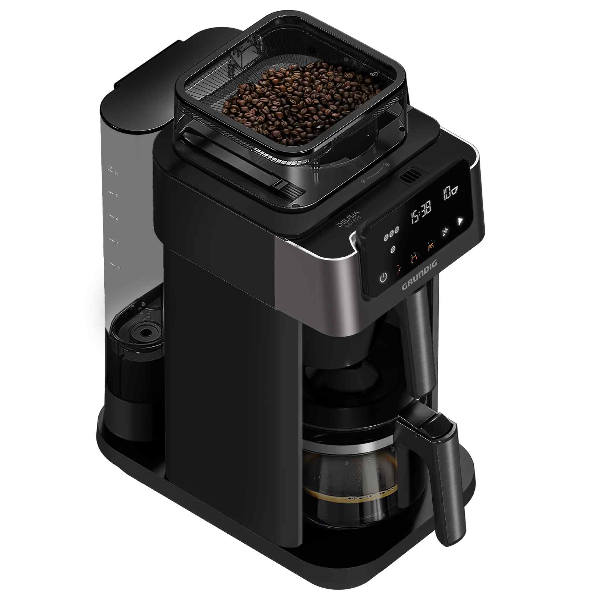 Moderne schwarze Kaffeemaschine mit Kaffeebohnen im oberen Behälter und digitalem Display.