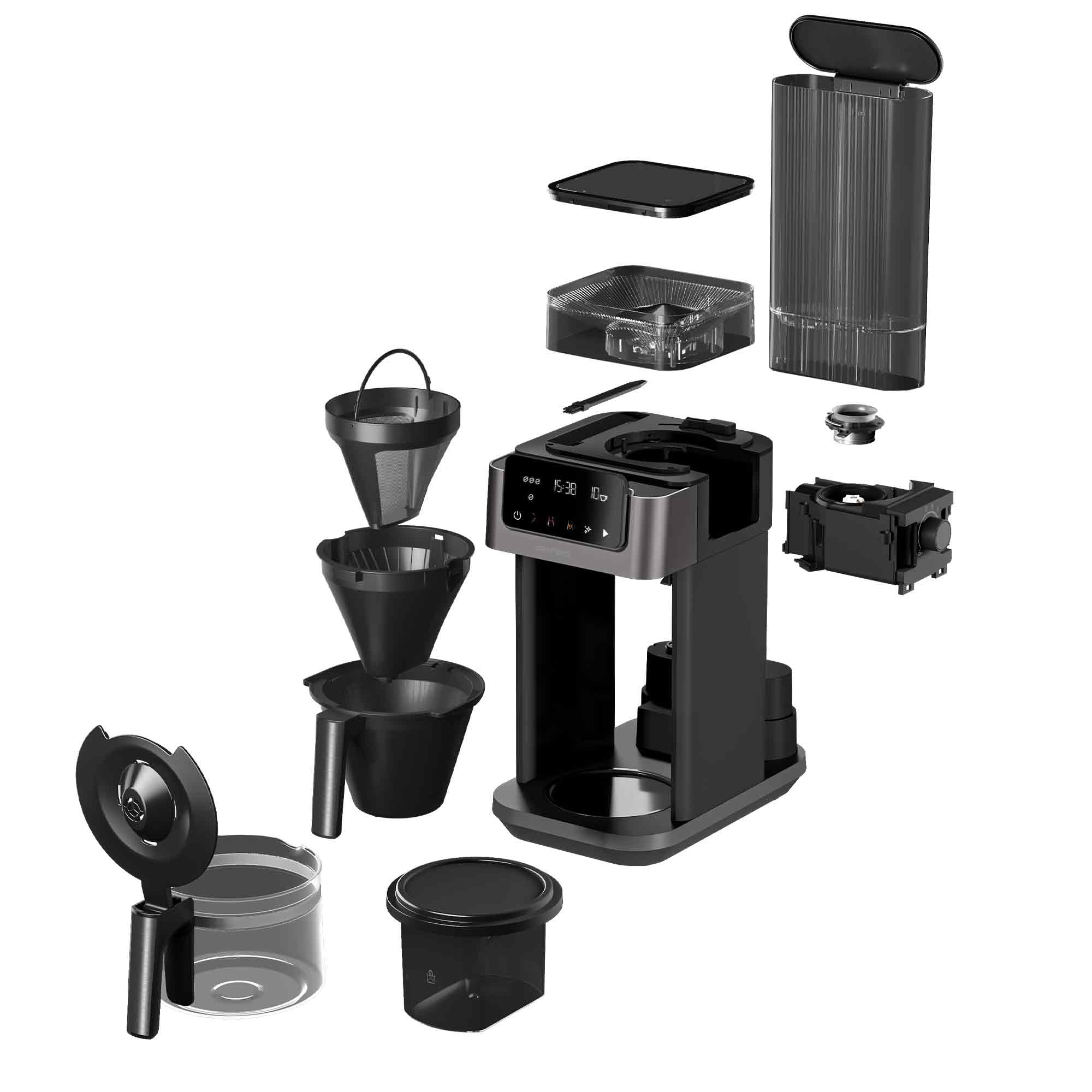 Eine Explosionsansicht einer modernen schwarzen Kaffeemaschine zeigt abnehmbare Teile wie Filter, Wassertank und Karaffe.