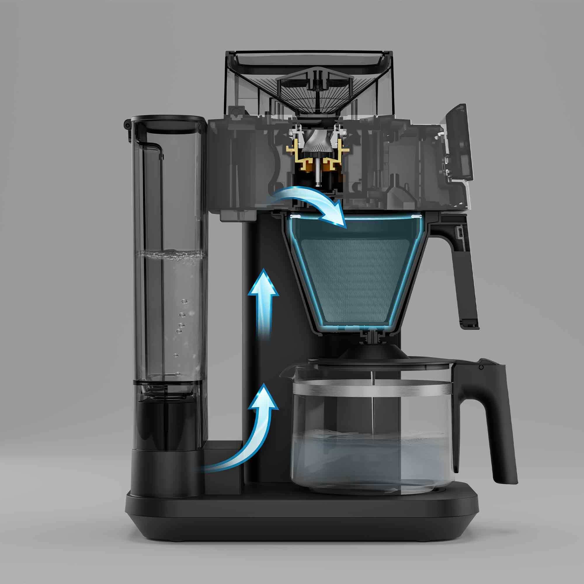 Schnittbild einer schwarzen Filterkaffeemaschine mit internem Wasserfluss durch blaue Pfeile und Glaskaraffe.