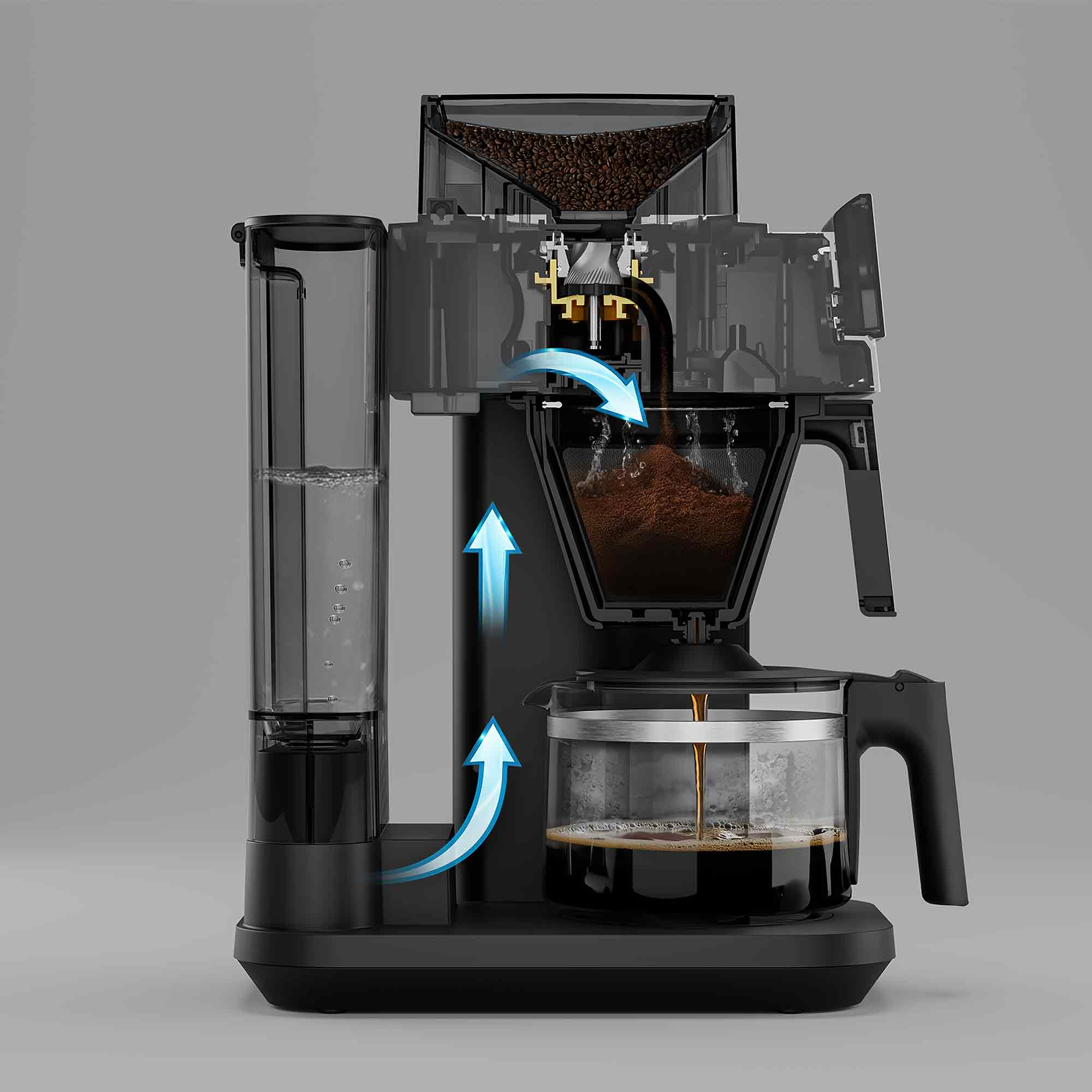 Querschnitt einer schwarzen Kaffeemaschine mit sichtbaren Bohnen, Filter und Glasaraffe.
