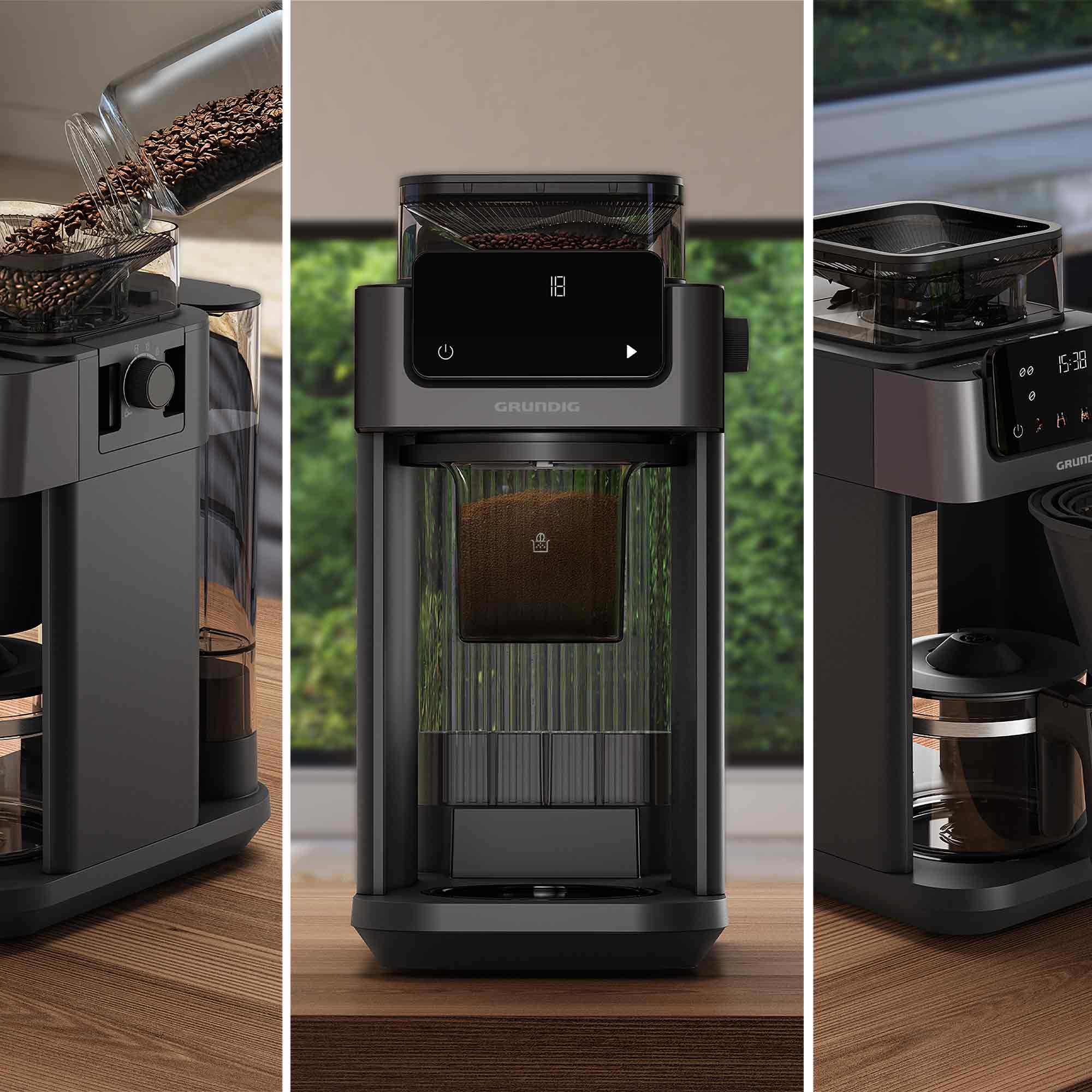 Eine graue Kaffeemaschine mit Bohnenbehälter, digitalem Display und Mahlwerk auf einer Holzoberfläche.
