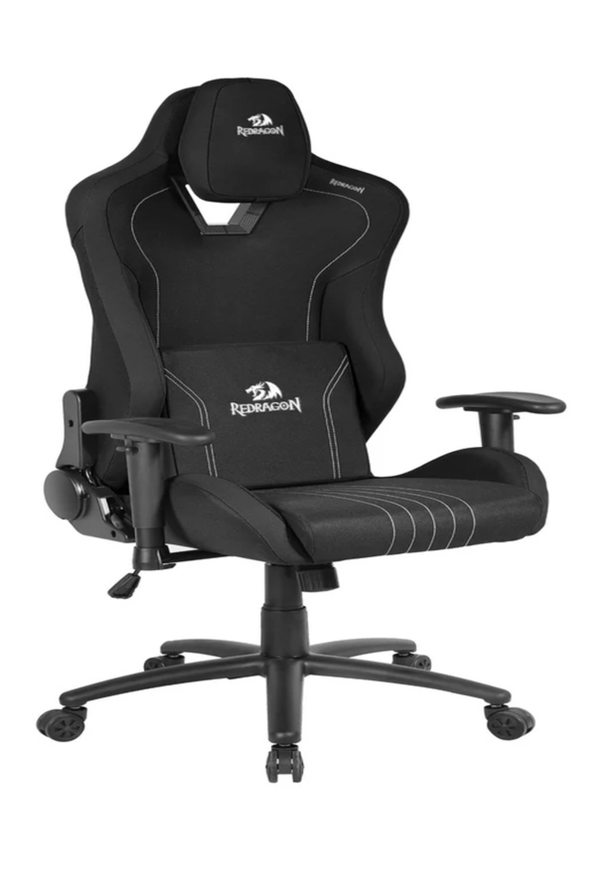 Başlıkta ve yastıkta Redragon logosu bulunan, beyaz dikişli siyah ergonomik oyuncu koltuğu.