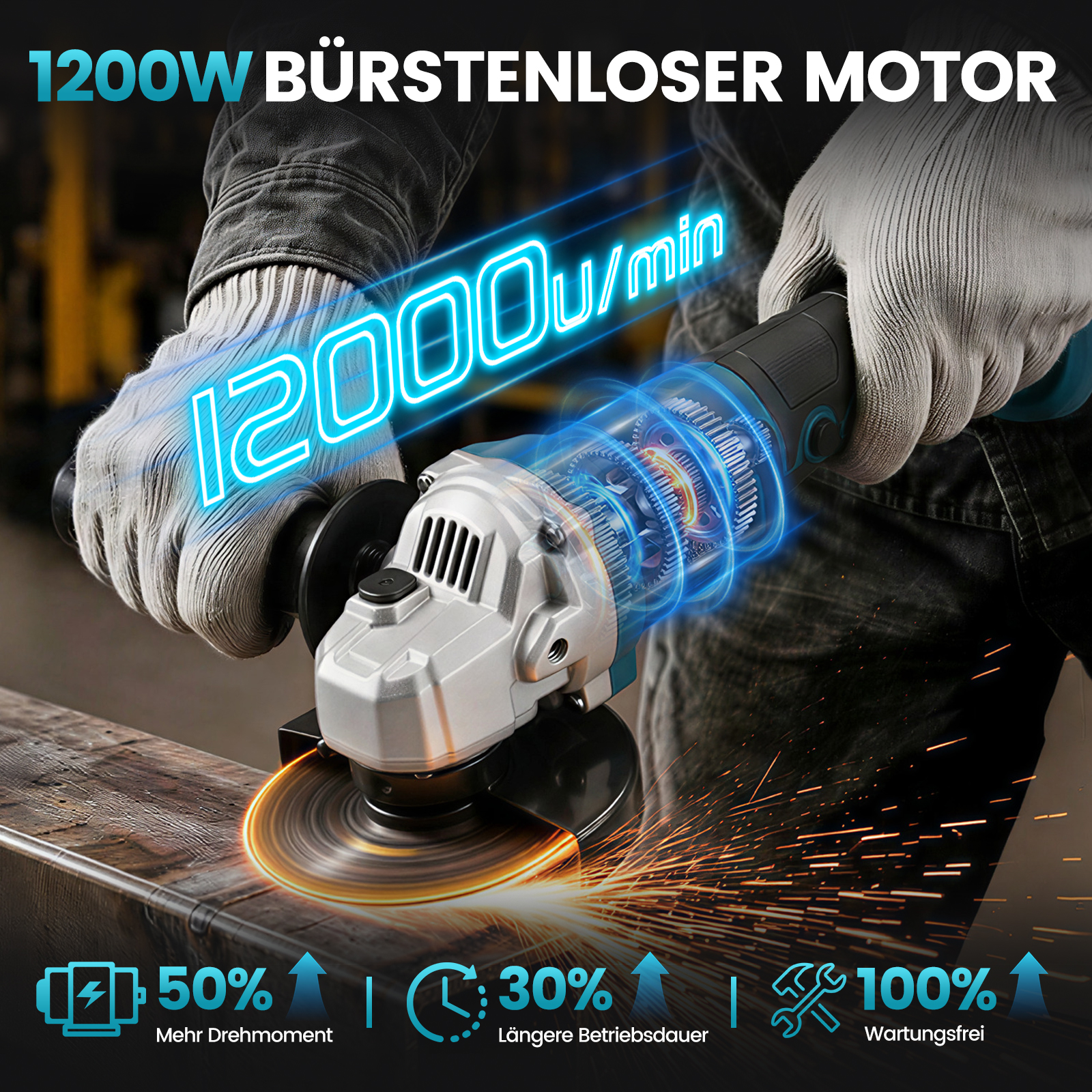 Ein Arbeiter mit Handschuhen schneidet Metall mit einem Winkelschleifer und erzeugt Funken.