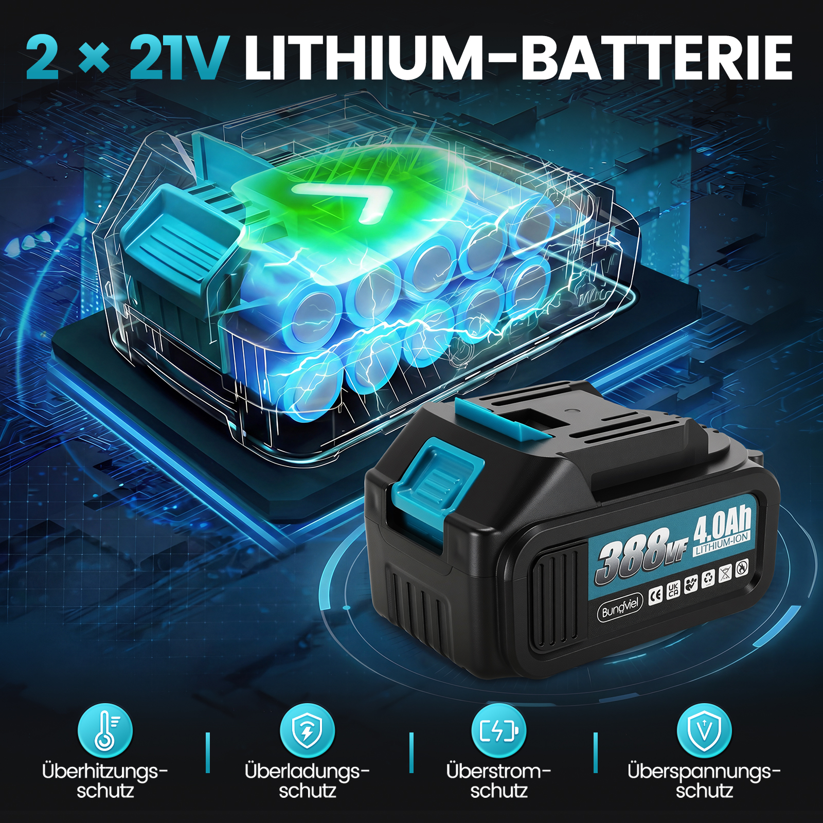 Transparente Darstellung einer 21V-Lithium-Batterie mit inneren Zellen und Schutzsymbolen am unteren Rand.