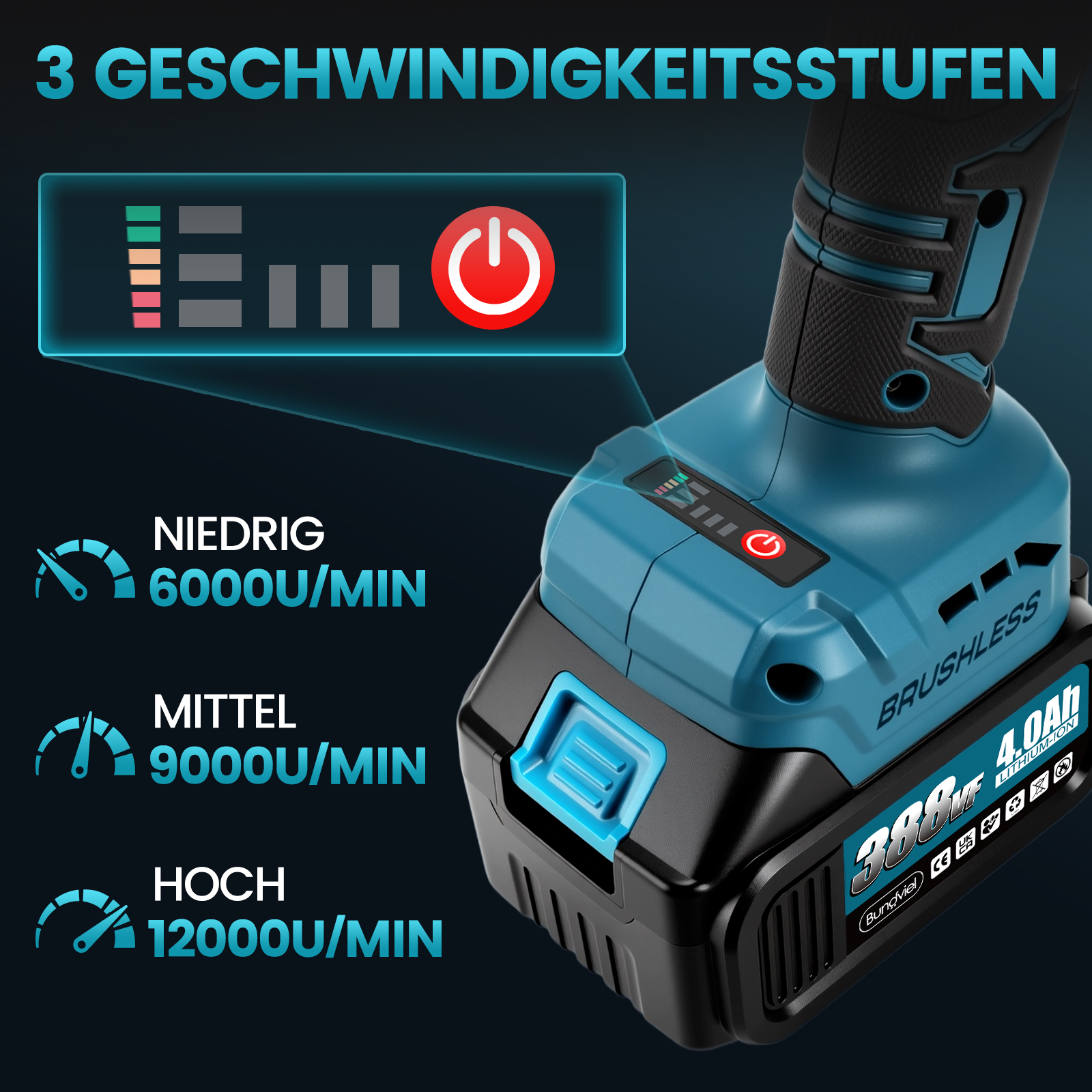 Akku-Bohrschrauber mit drei Geschwindigkeitsstufen: niedrig (6000 U/min), mittel (9000 U/min) und hoch (12000 U/min).