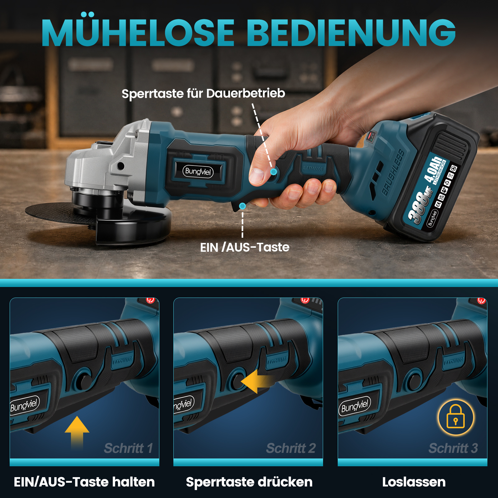 Hand hält blauen Winkelschleifer, Diagramm zeigt Bedienung in drei Schritten.