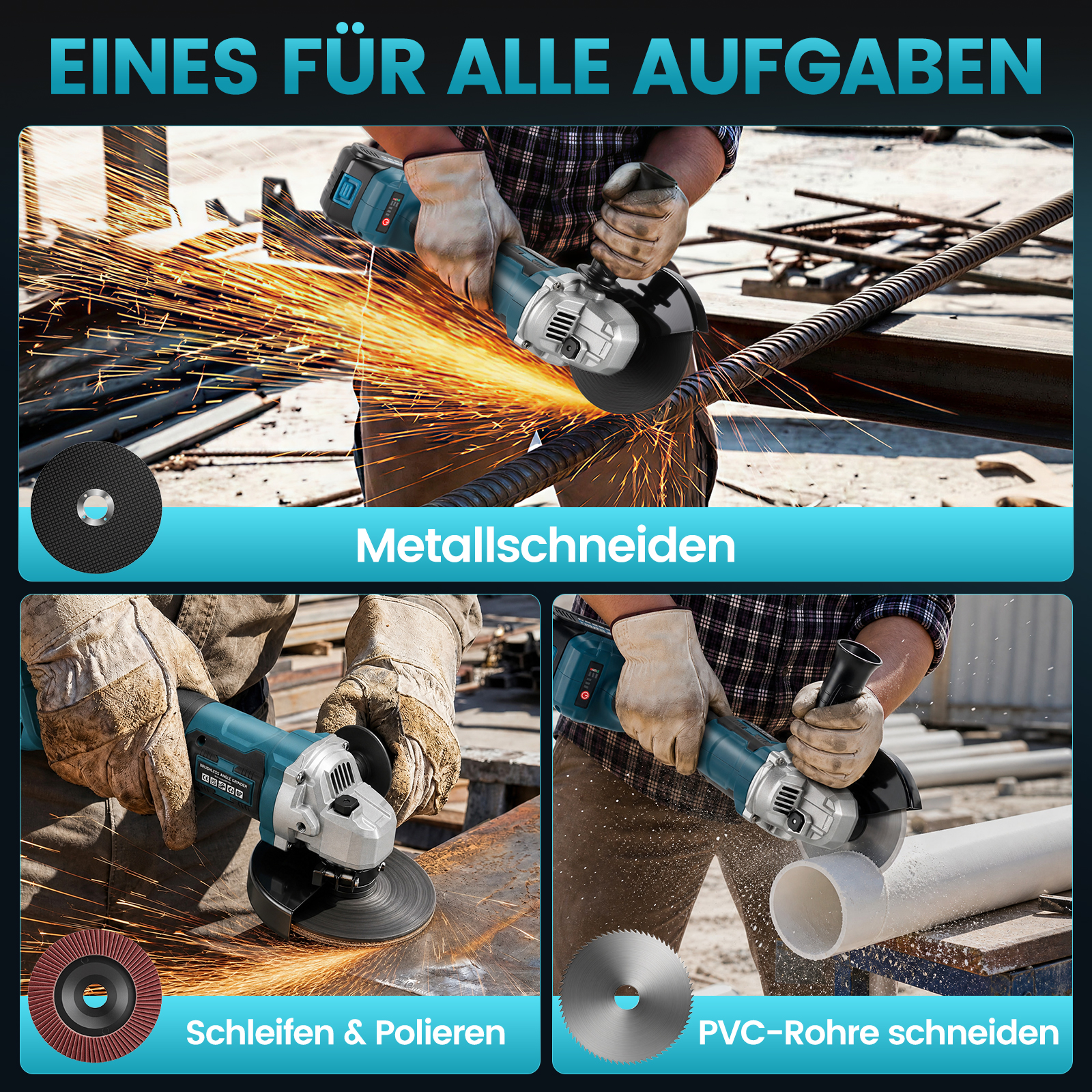 Ein Arbeiter nutzt einen Winkelschleifer zum Schneiden von Metall, Schleifen und Schneiden von PVC-Rohren.
