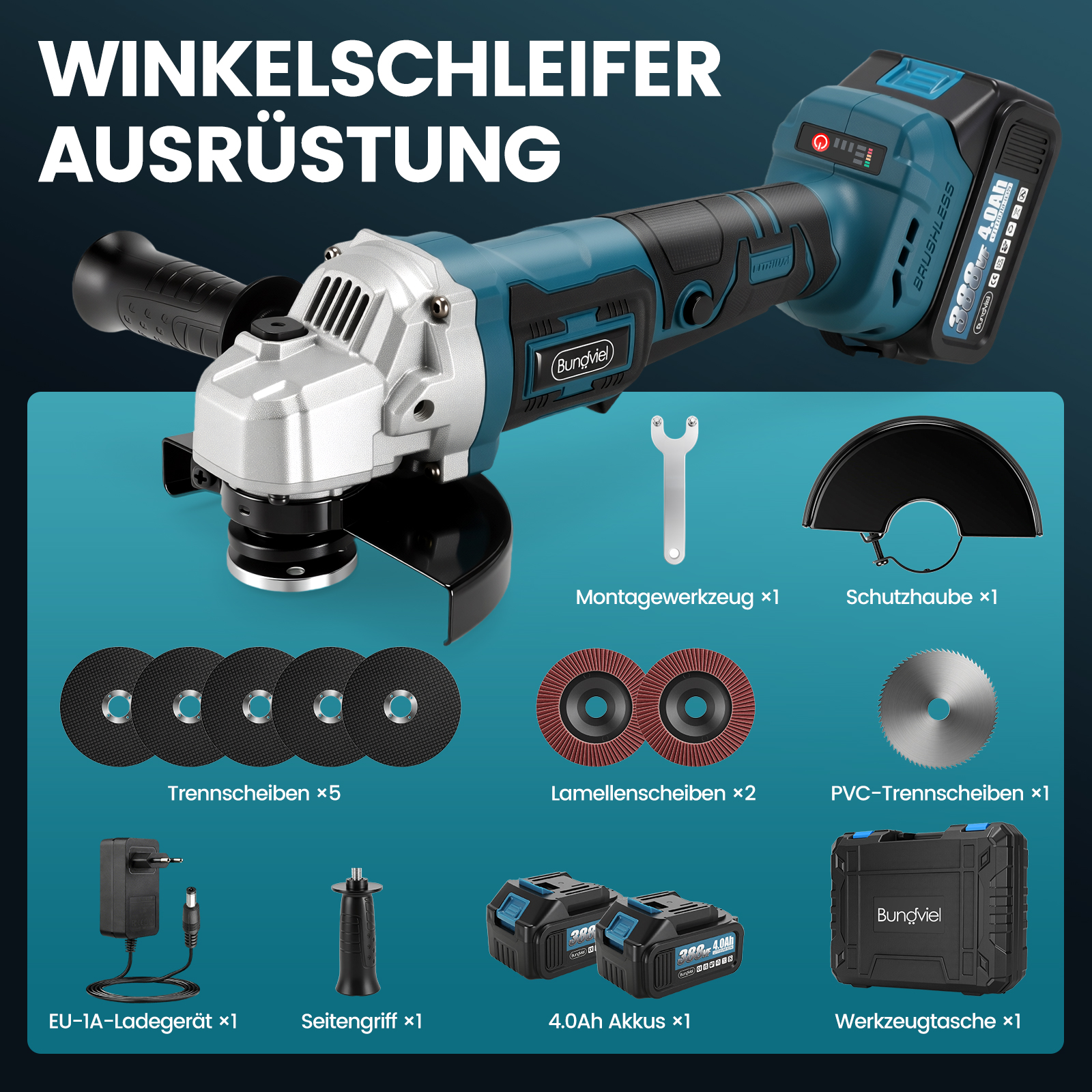 Ein blau-schwarzer Akku-Winkelschleifer mit Zubehör wie Scheiben, Akkus, Ladegerät und Koffer.