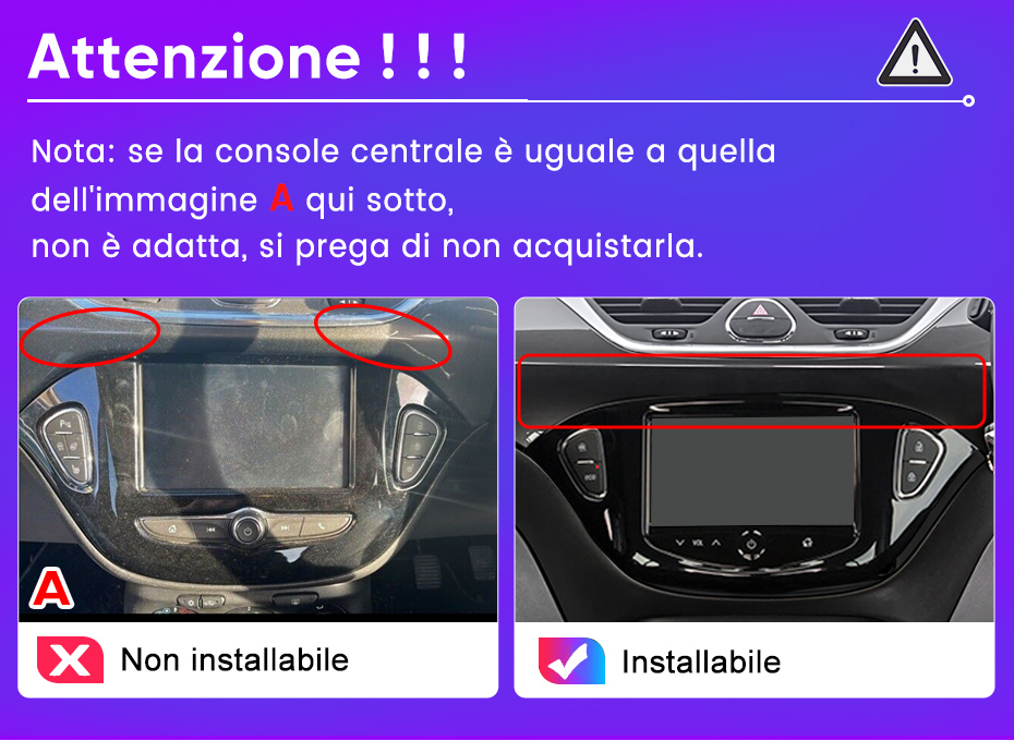 Avviso su sfondo viola con due console auto, a sinistra non compatibile con croce rossa, a destra compatibile.