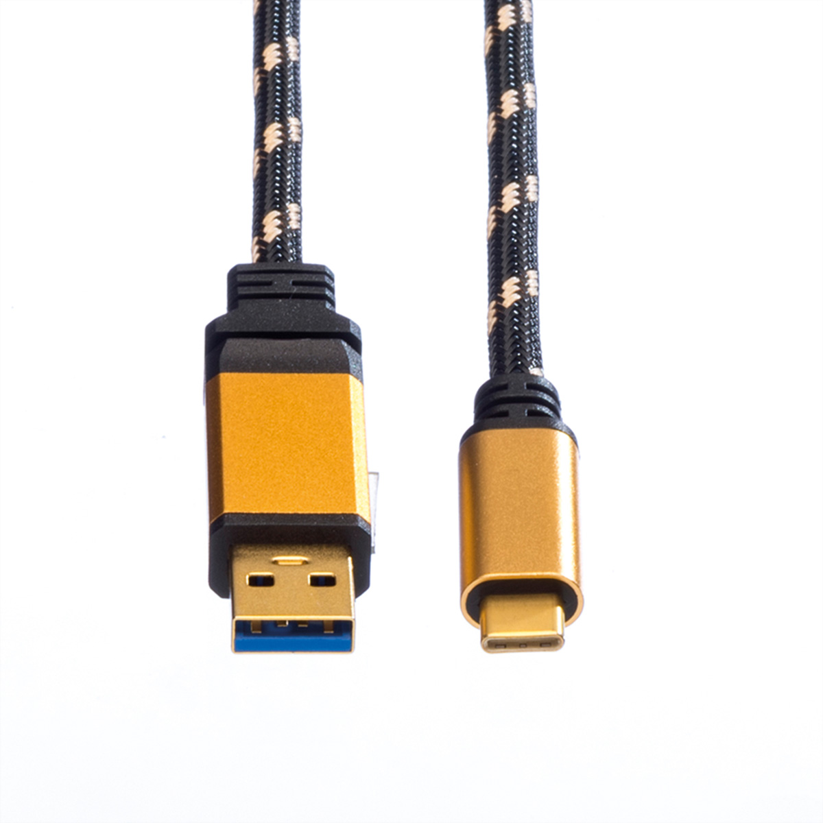 Ein geflochtenes USB-Kabel mit goldenen Steckern auf weißem Hintergrund.