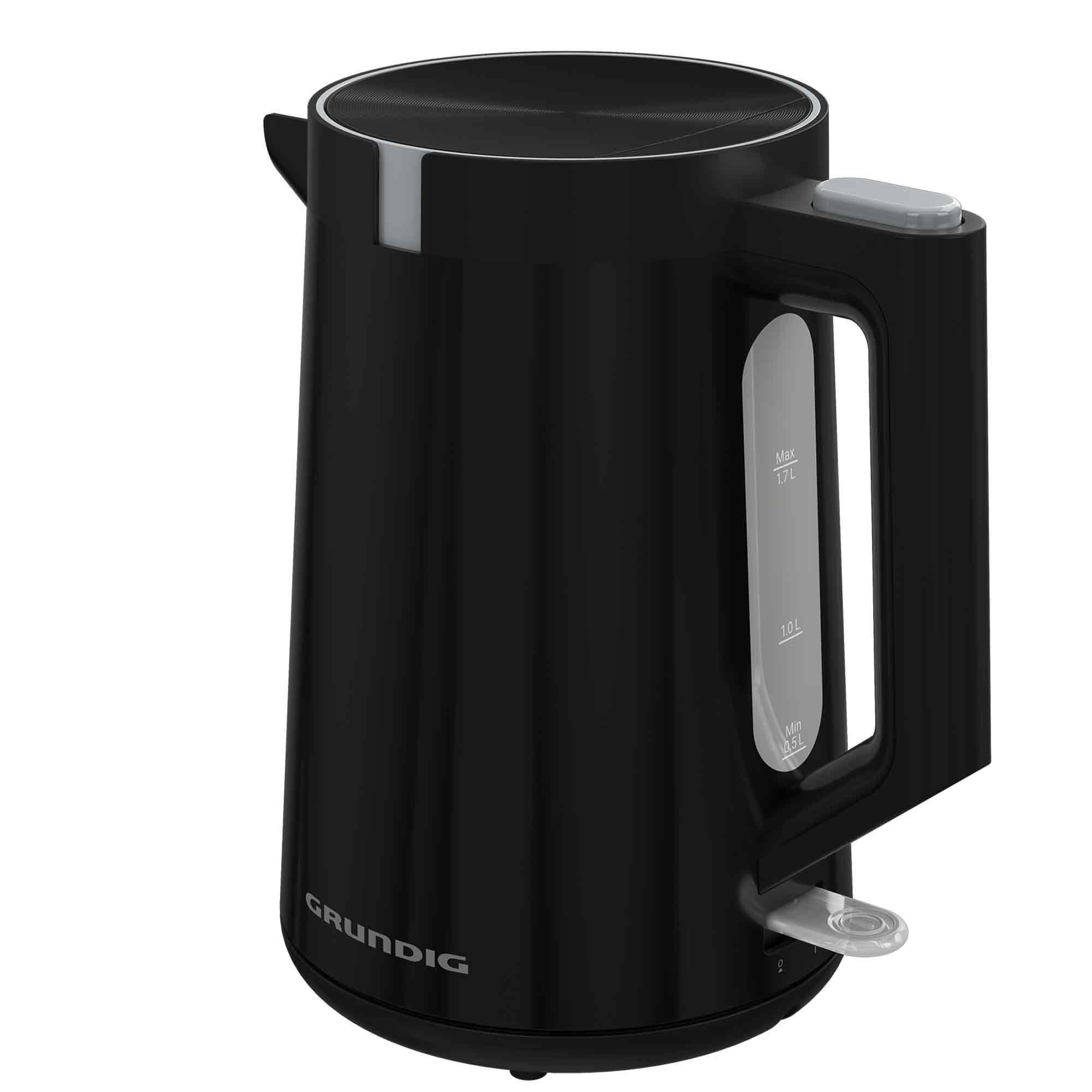 Ein schwarzer Grundig Wasserkocher mit Wasserstandsanzeige und silbernem Deckelknopf vor weißem Hintergrund.
