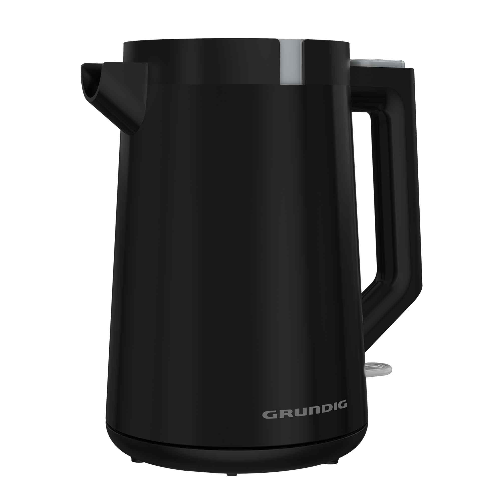 Ein moderner schwarzer Grundig Wasserkocher auf weißem Hintergrund.