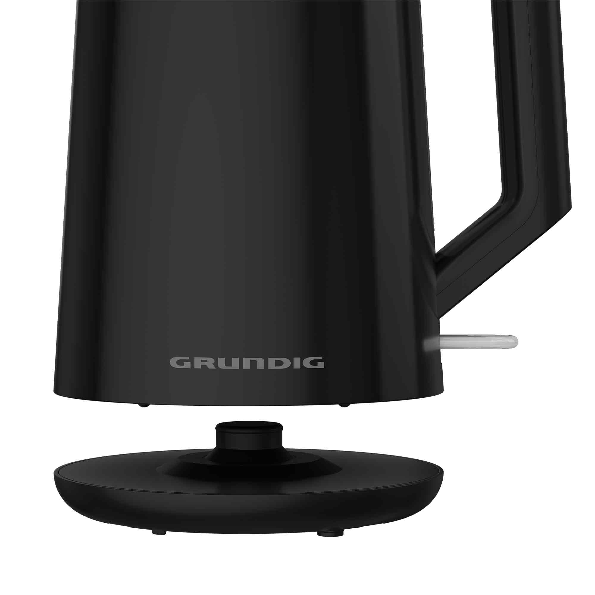 Ein schwarzer Grundig-Wasserkocher schwebt knapp über seiner runden, ebenfalls schwarzen Basis.