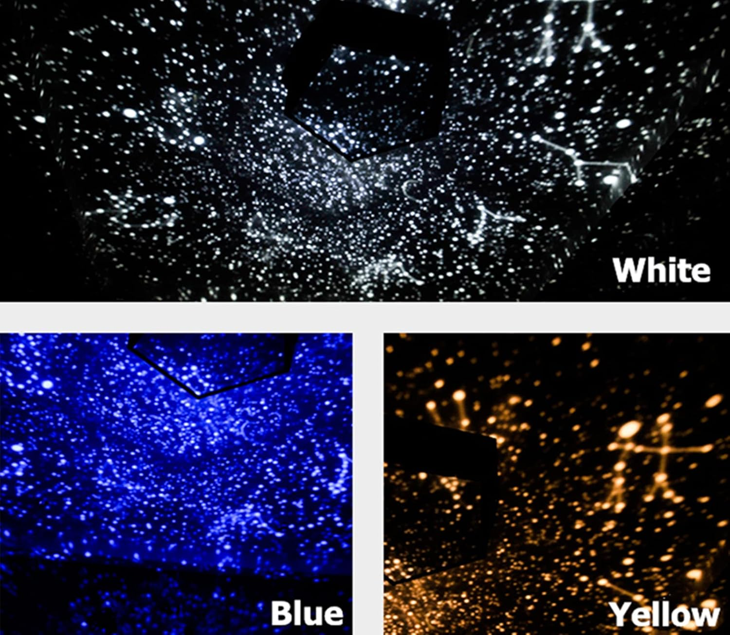 Drei Paneele zeigen Sternenhimmel-Projektionen in Weiß, Blau und Gelb.