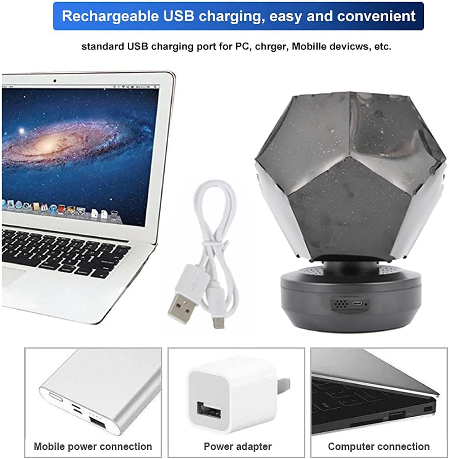 Sternenhimmel-Projektor mit USB-Kabel, Laptop, Powerbank und Netzteil.