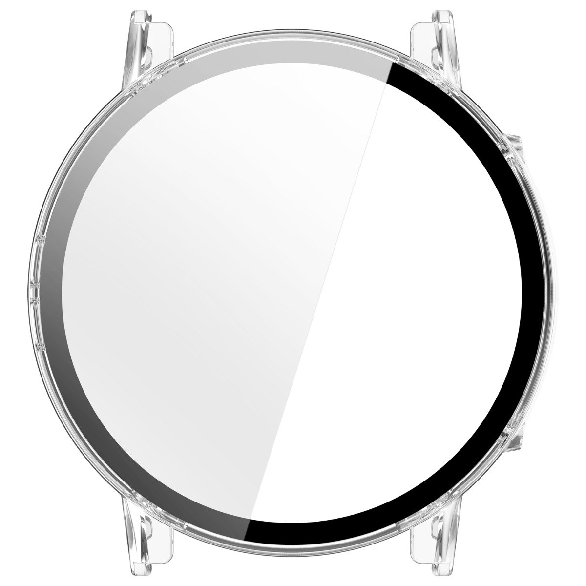 Transparenzschutzgehäuse für runde Smartwatch mit glänzender Oberfläche.