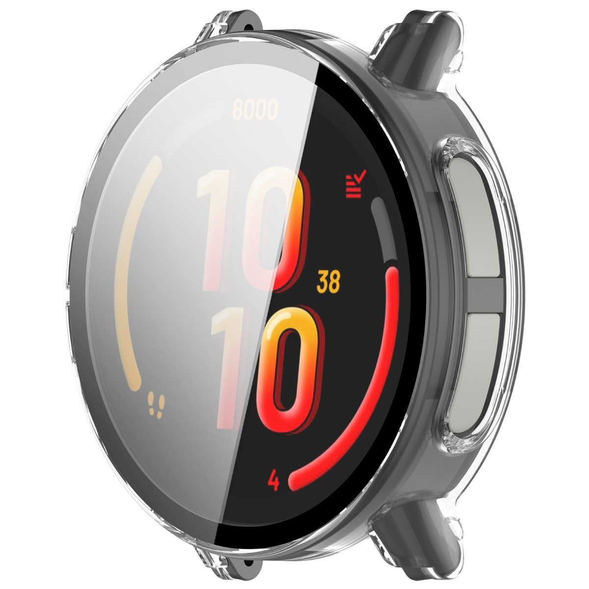 Schwarze Smartwatch mit transparentem Schutzgehäuse, digitalem Zifferblatt und roten Akzenten.
