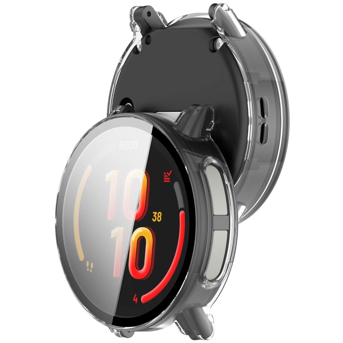 Zwei runde Smartwatches mit klaren Schutzhüllen auf weißem Hintergrund.