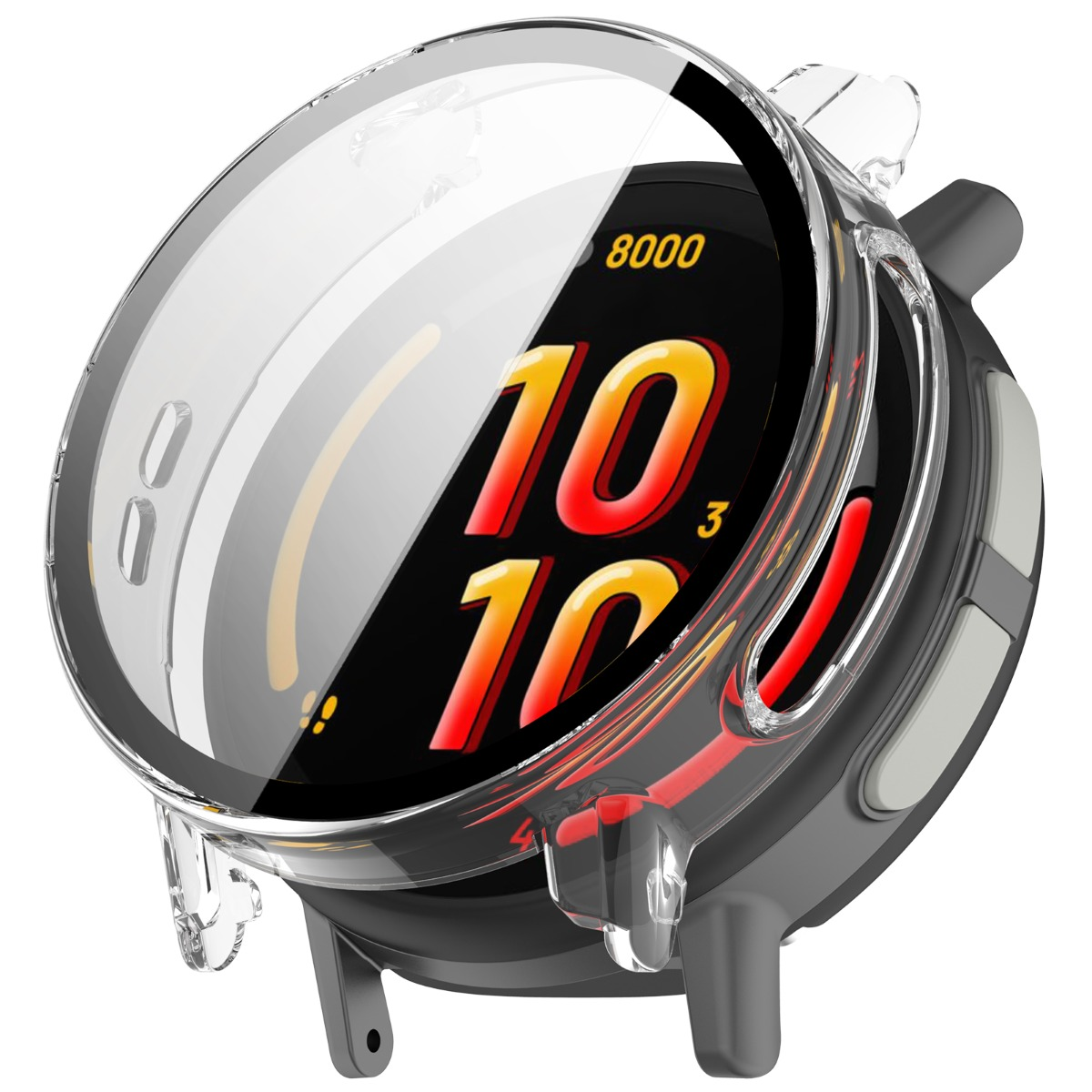 Eine schwarze Smartwatch mit einem klaren Schutzcase und roten Akzenten auf dem Display.