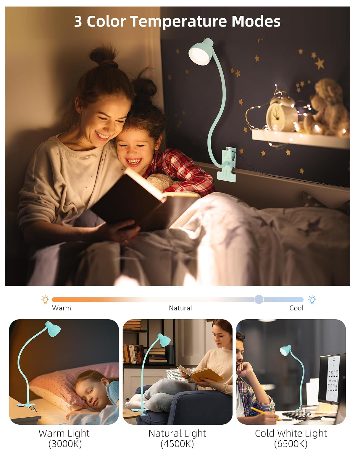 Mutter und Tochter lesen zusammen im Bett unter einer mintgrünen Klemmlampe mit drei Farbtemperaturen.