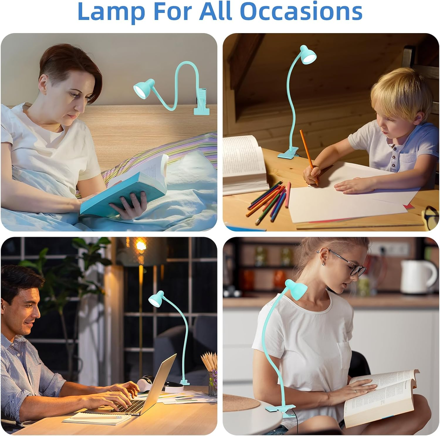 Vier Bilder zeigen eine flexible, türkise Clip-Lampe in verschiedenen Nutzungsszenarien.