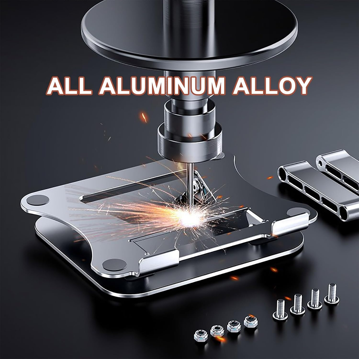 Eine CNC-Fräse bearbeitet eine Aluminiumplatte mit Funkenflug. Text: ALL ALUMINUM ALLOY.
