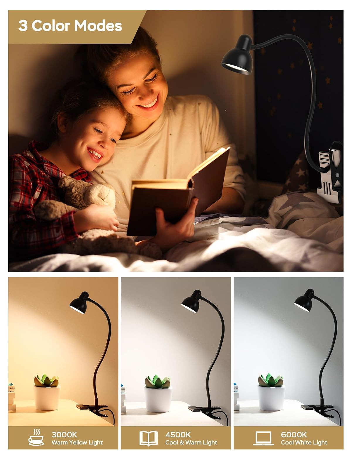 Mutter und Kind lesen im Bett ein Buch, beleuchtet von einer schwarzen Klemmleuchte mit drei Lichtmodi.