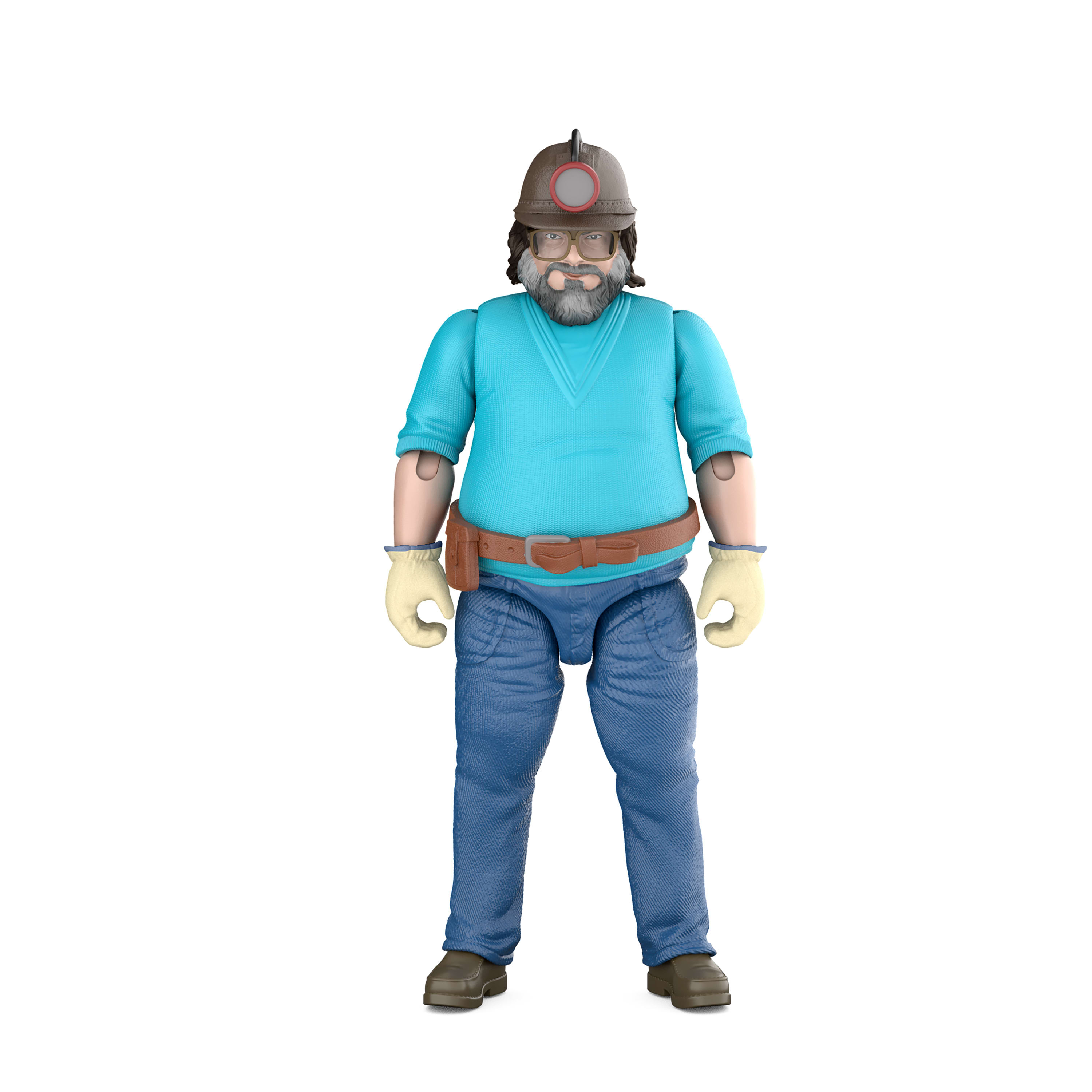 Eine Actionfigur eines Mannes mit Bart, Bergmannshelm, blauem Shirt, Jeans und Arbeitshandschuhen auf weißem Hintergrund.