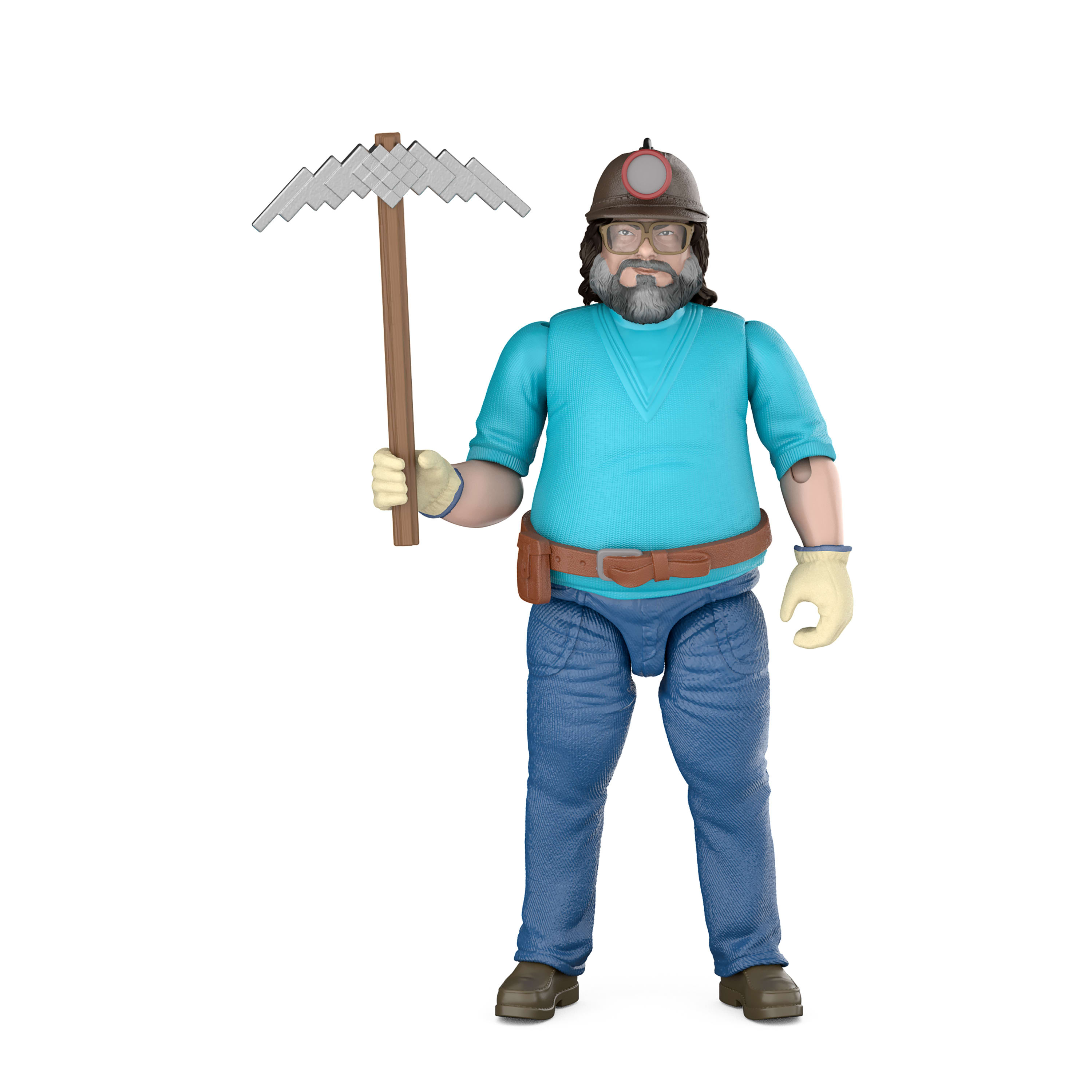 Actionfigur eines Bergmanns mit blauem Hemd, Jeans, Helm und Spitzhacke vor weißem Hintergrund.