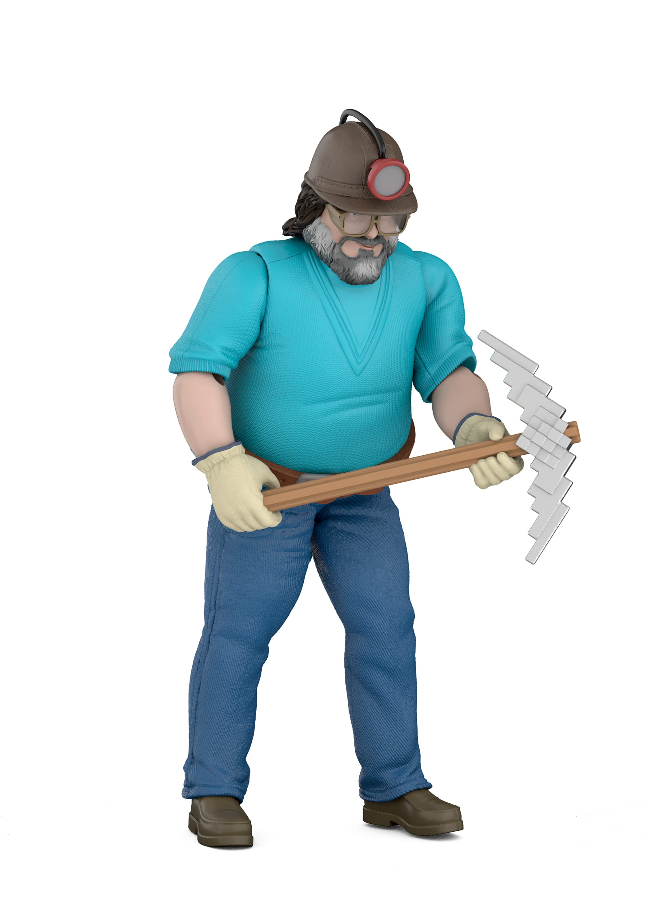 Eine Spielzeugfigur mit Bart, Brille, blauem Shirt, blauem Jeans und Helm hält eine pixelige Spitzhacke in den Händen.