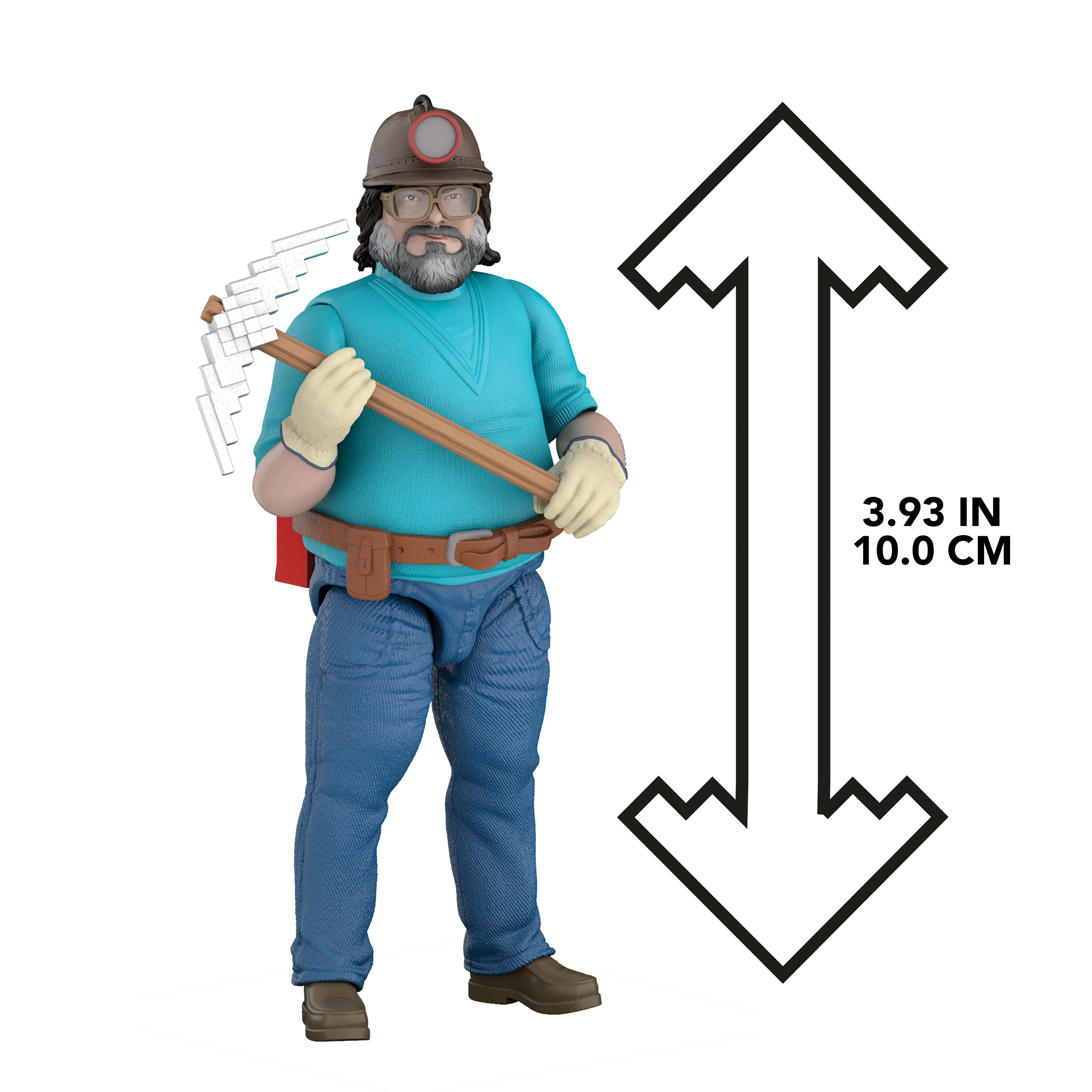 Minecraft Actionfigur mit Bergarbeiterhelm und Spitzhacke, daneben ein Maß für 10 cm.