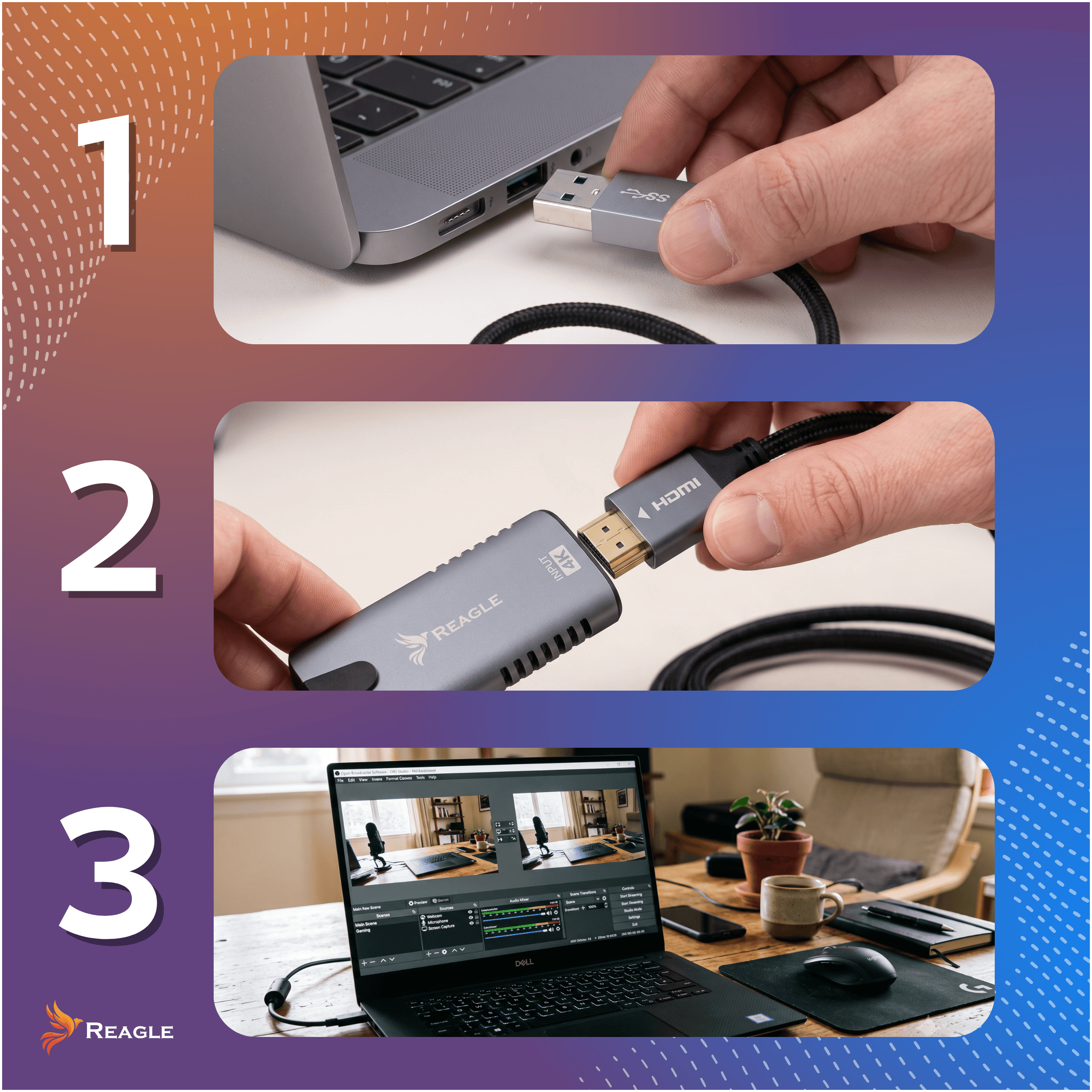 Tre passaggi mostrano un cavo USB collegato a un laptop, un adattatore Reagle e la configurazione finale.