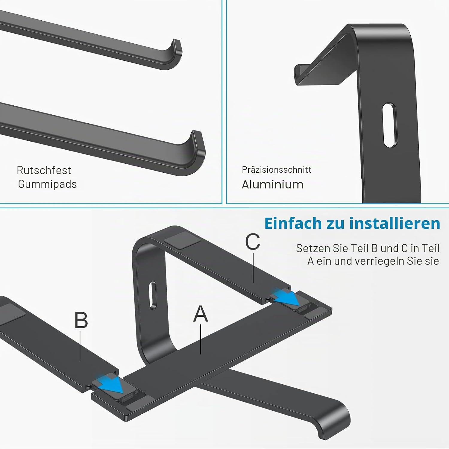 Montageanleitung für schwarze Aluminium-Halterungen mit rutschfesten Gummipads.